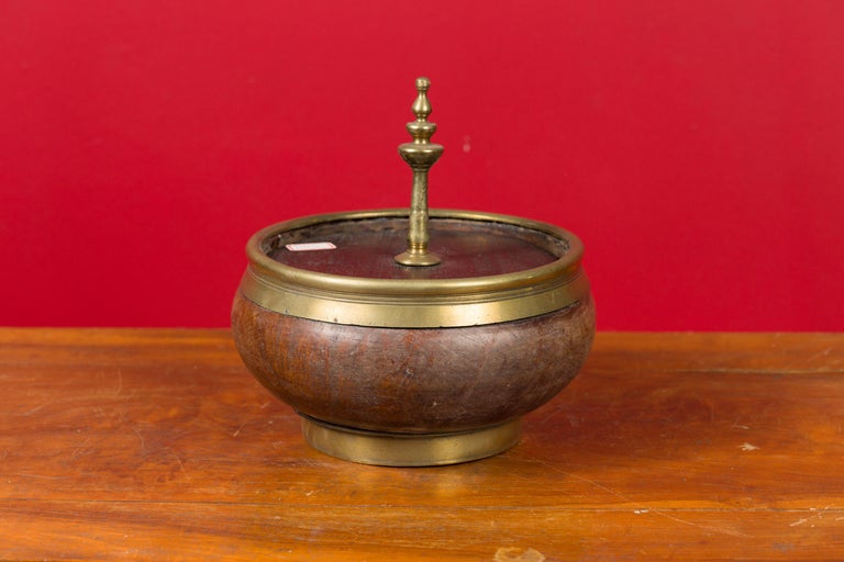 Indian Vintage Wood and Brass Lidded Bowl with Central Finial at