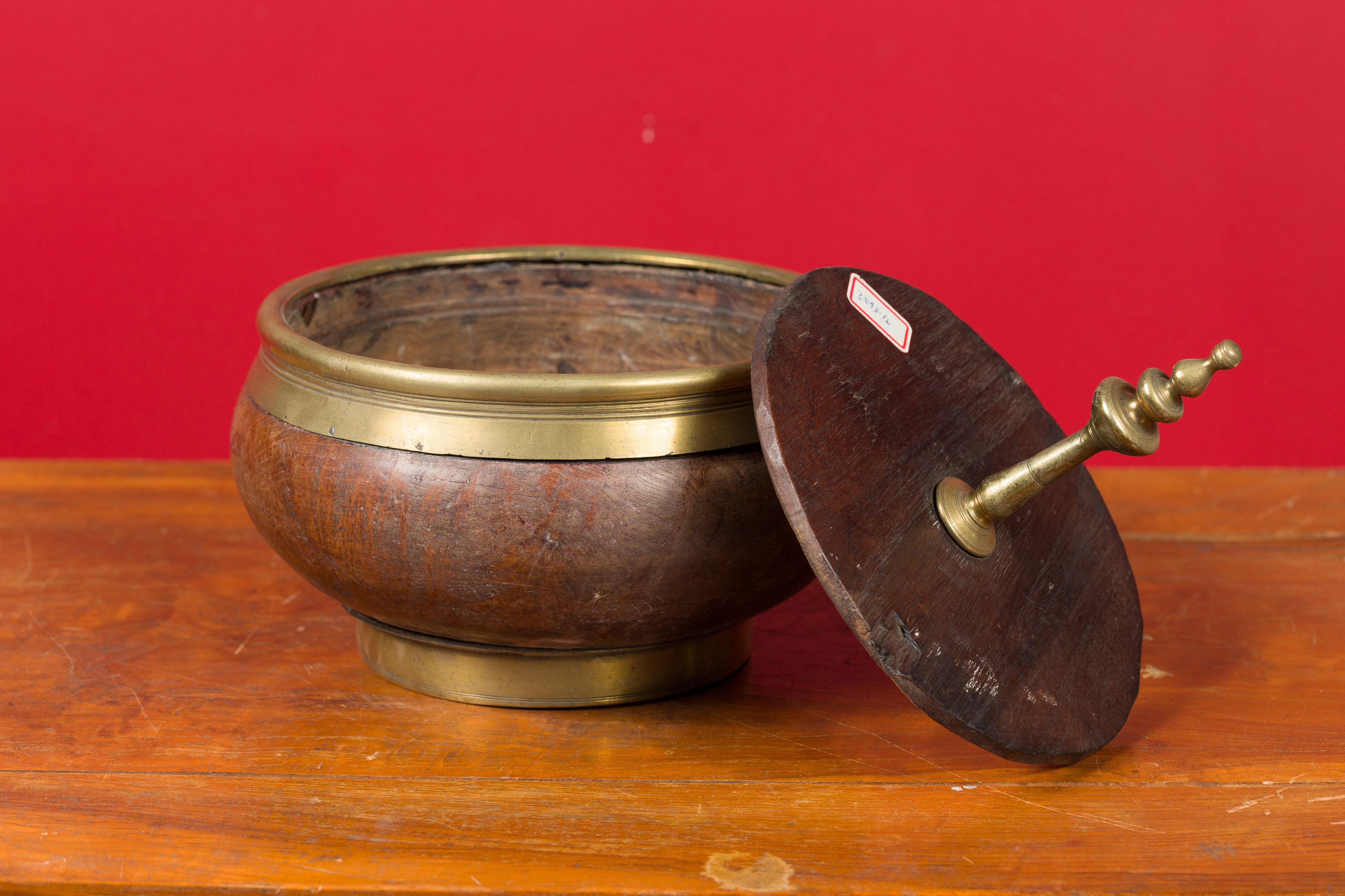 Indian Vintage Wood and Brass Lidded Bowl with Central Finial 7
