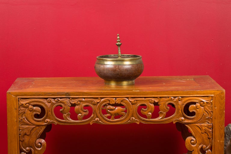 Indian Vintage Wood and Brass Lidded Bowl with Central Finial at