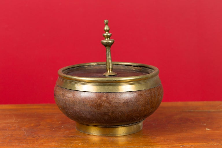 Indian Vintage Wood and Brass Lidded Bowl with Central Finial at