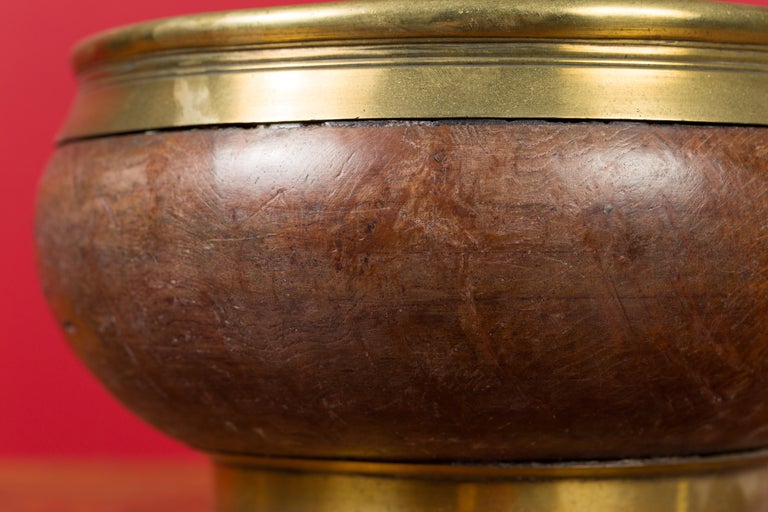 Indian Vintage Wood and Brass Lidded Bowl with Central Finial at
