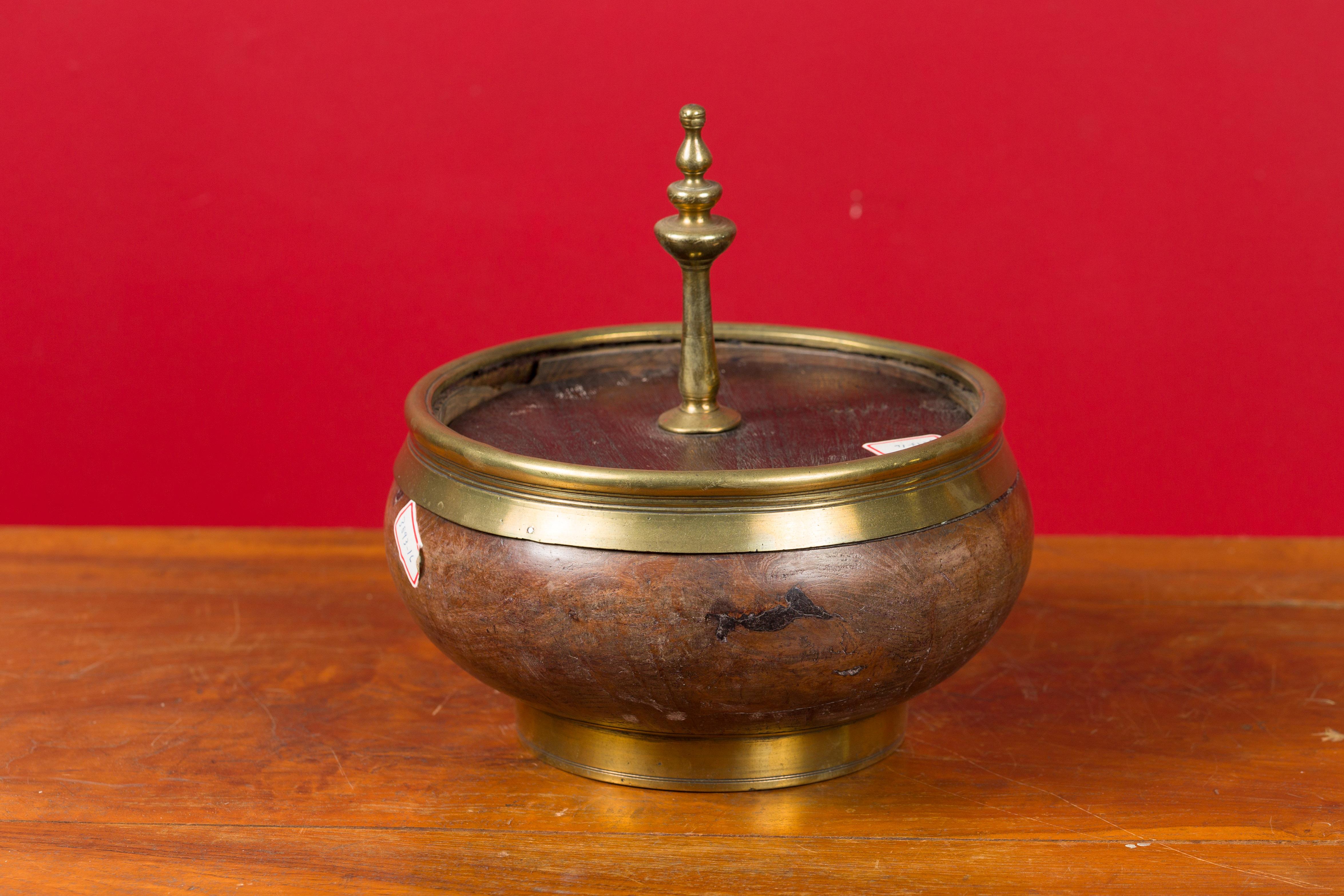 Indian Vintage Wood and Brass Lidded Bowl with Central Finial 4