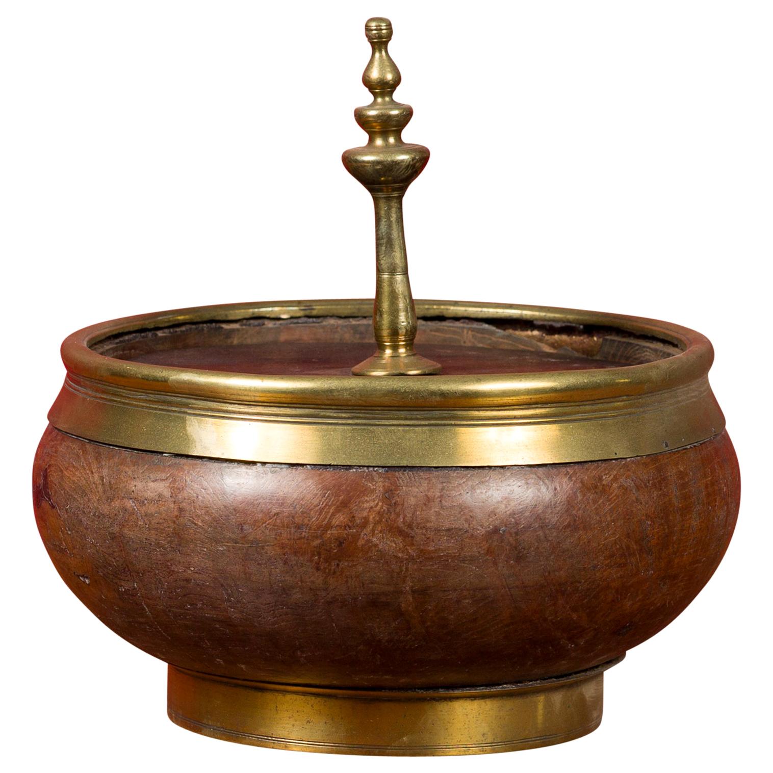 Indian Vintage Wood and Brass Lidded Bowl with Central Finial