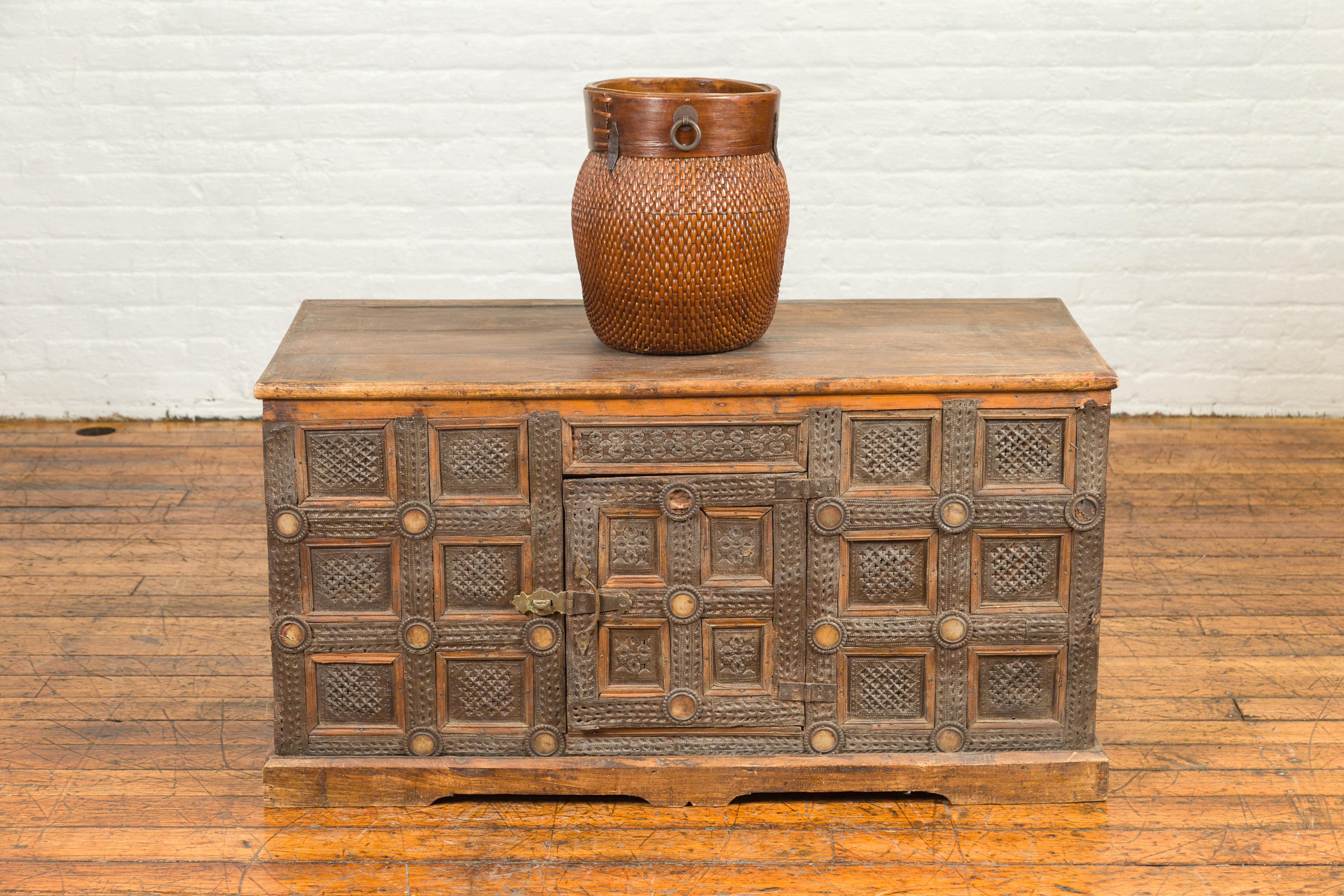 Indian Vintage Wood and Metal Cabinet with Geometric Decor In Good Condition In Yonkers, NY