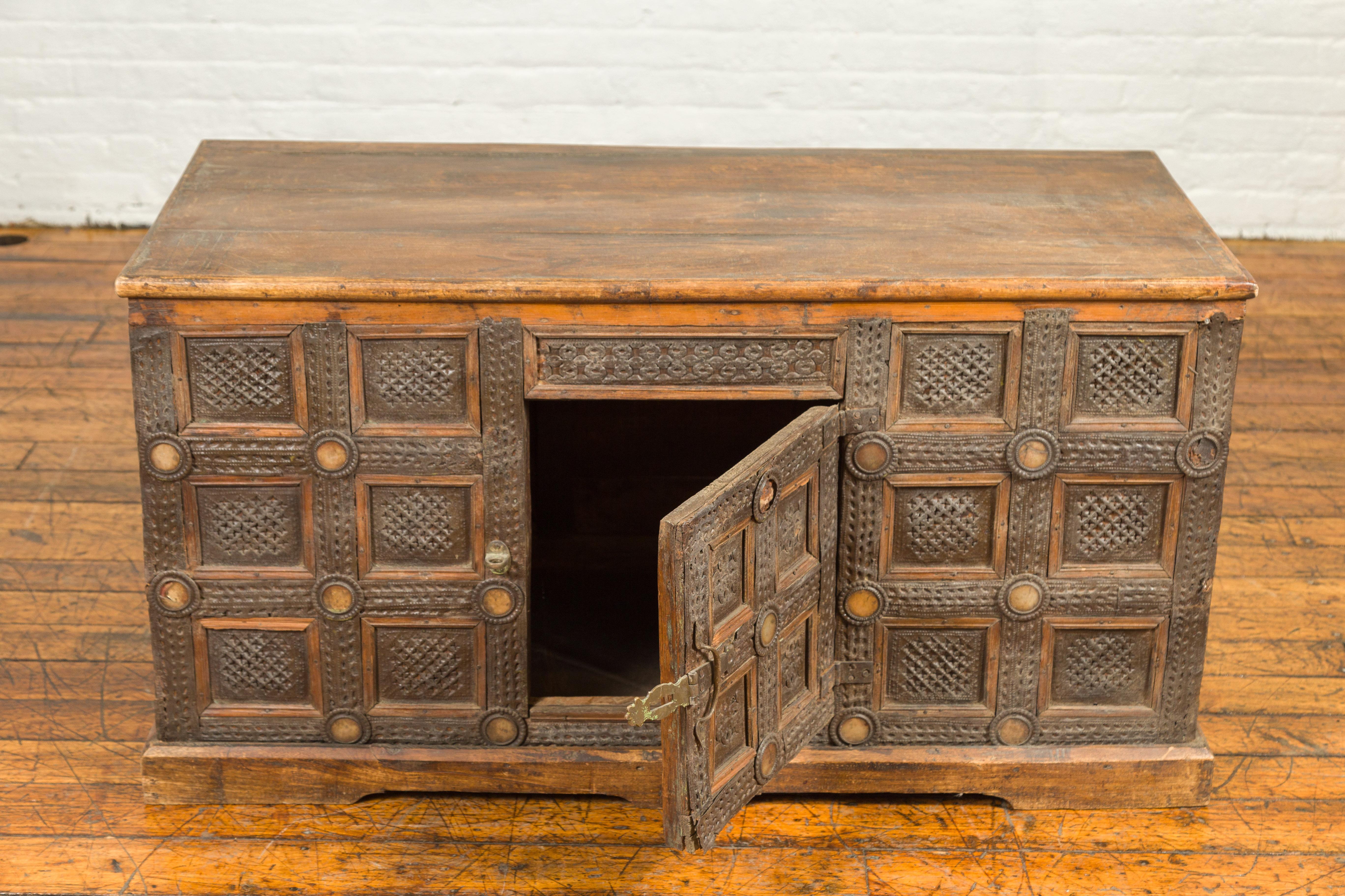 20th Century Indian Vintage Wood and Metal Cabinet with Geometric Decor