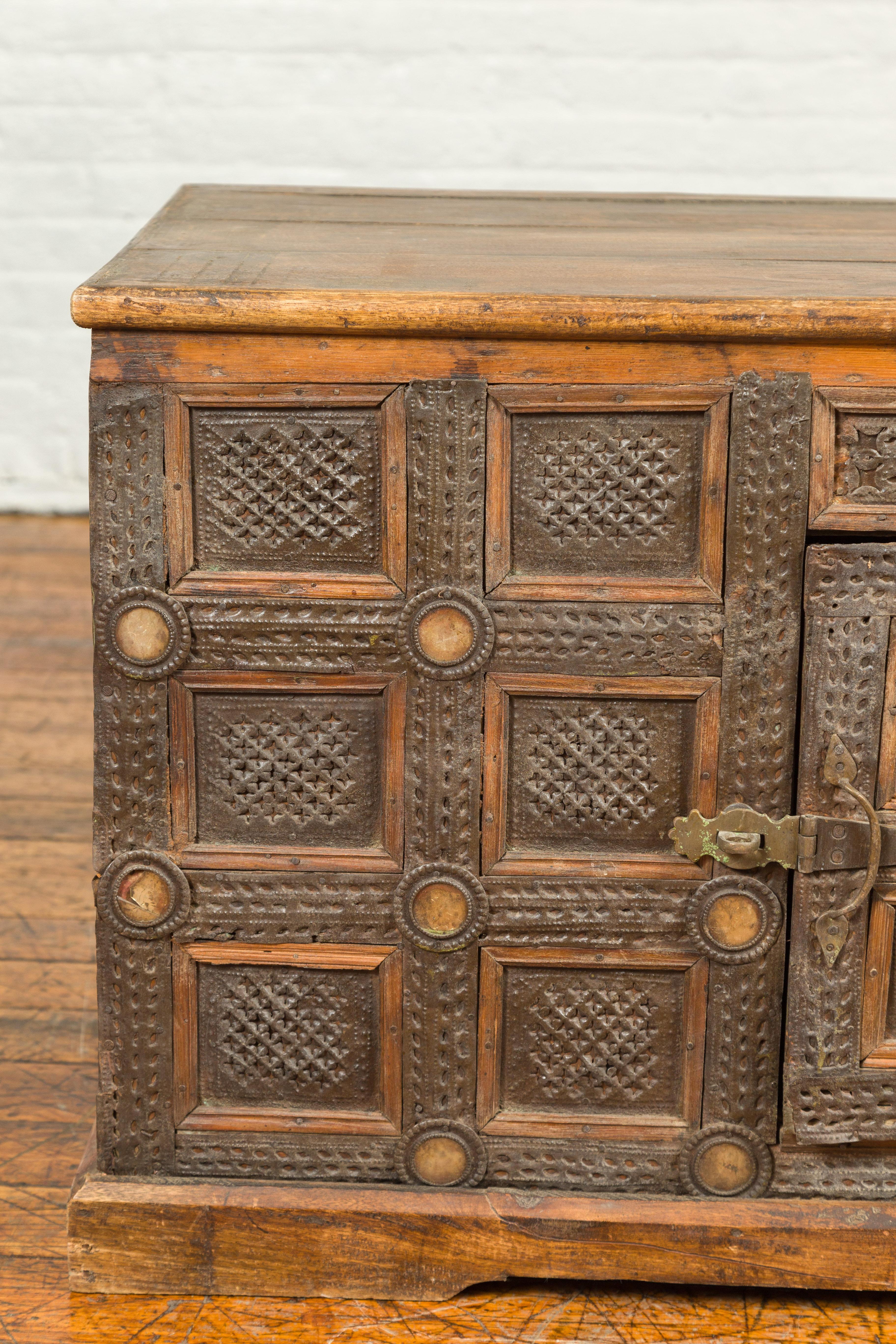 Indian Vintage Wood and Metal Cabinet with Geometric Decor 1