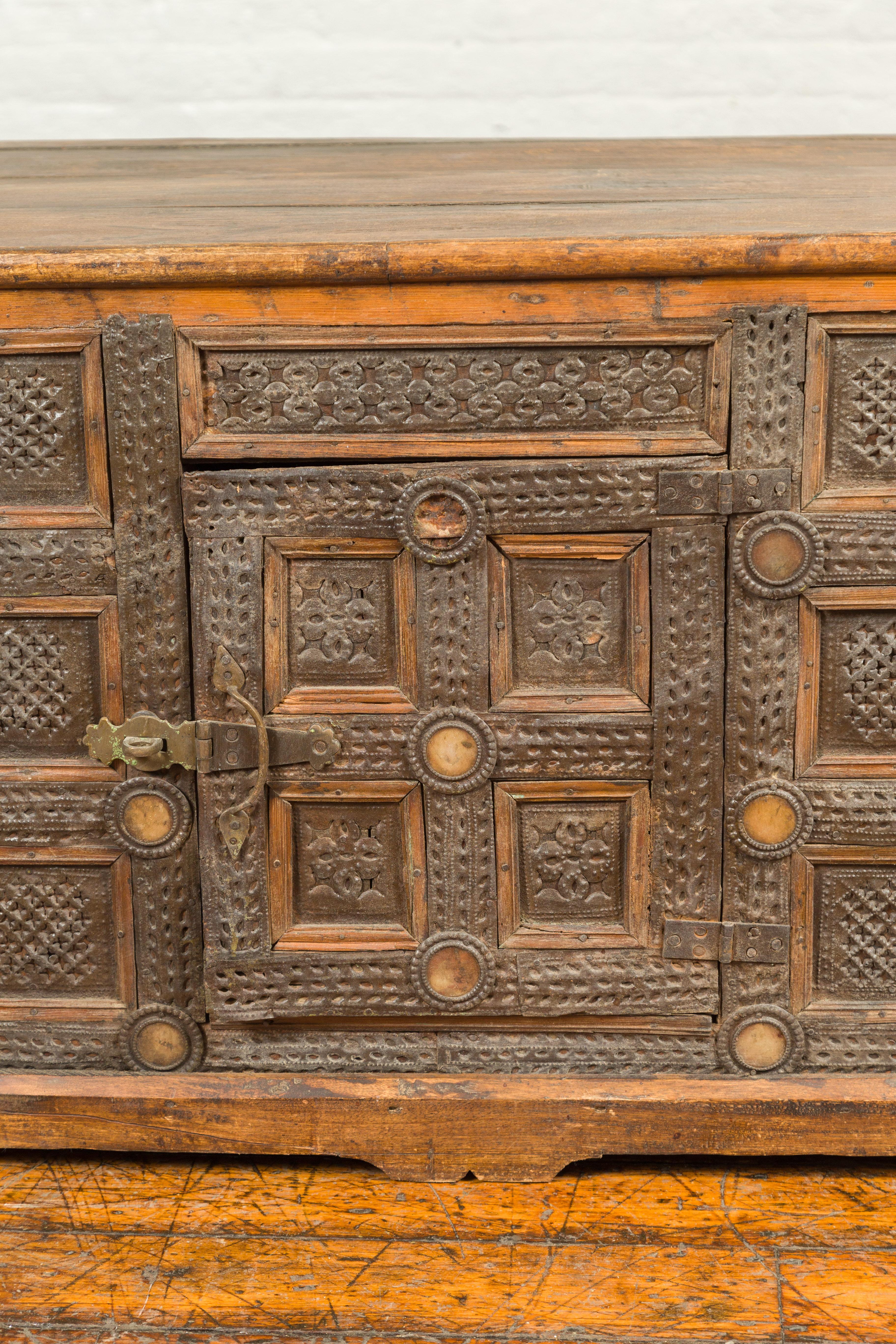 Indian Vintage Wood and Metal Cabinet with Geometric Decor 2