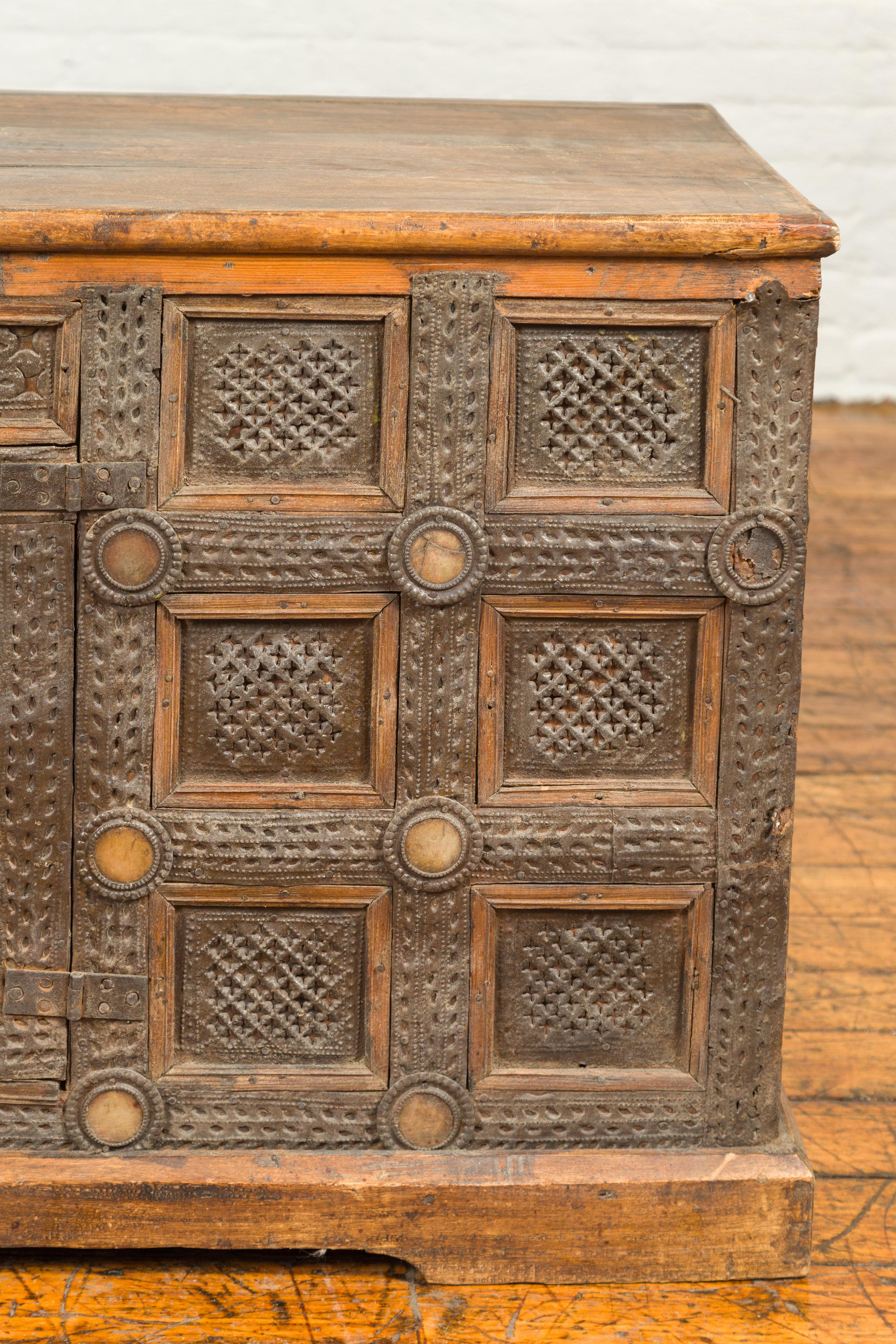 Indian Vintage Wood and Metal Cabinet with Geometric Decor 4