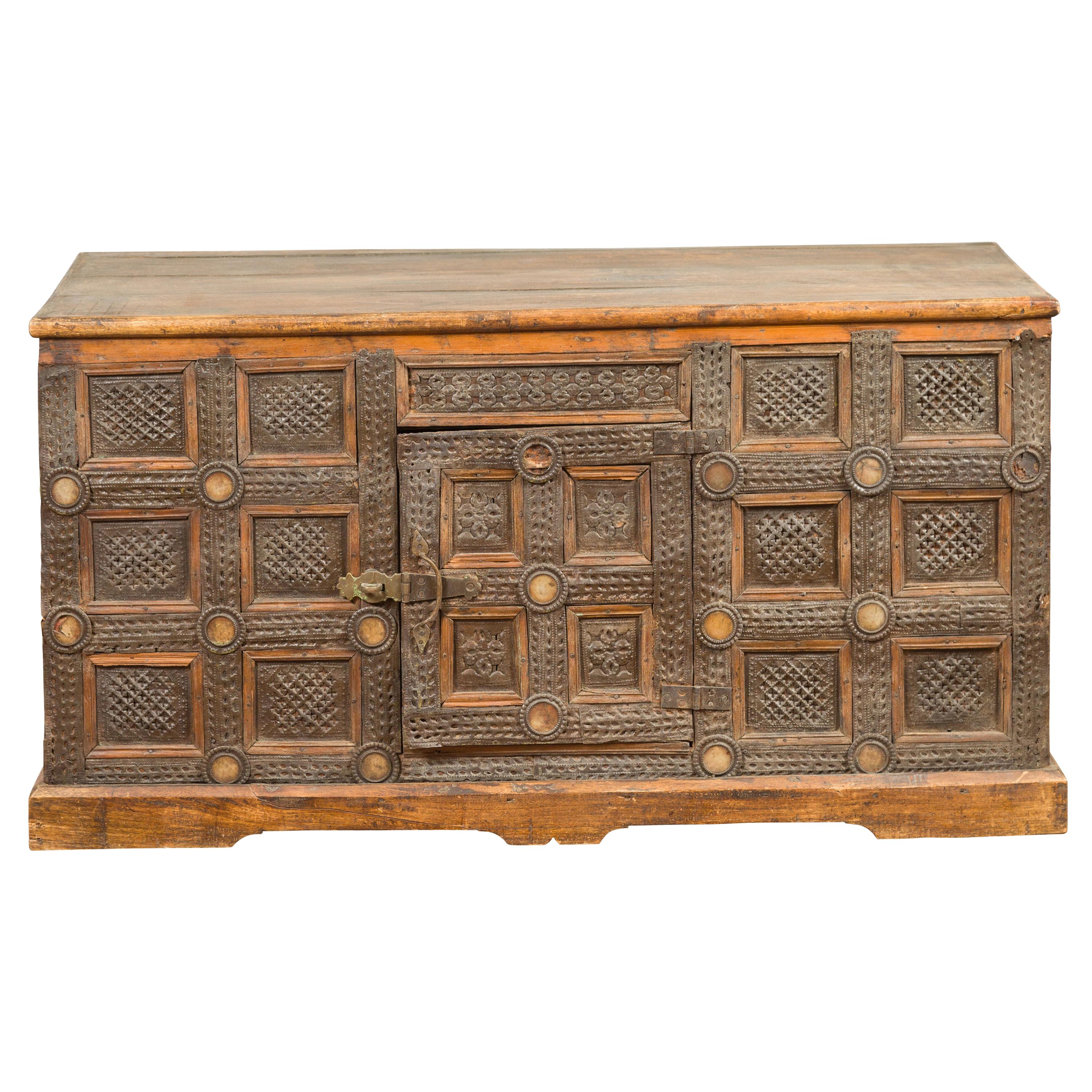 Indian Vintage Wood and Metal Cabinet with Geometric Decor