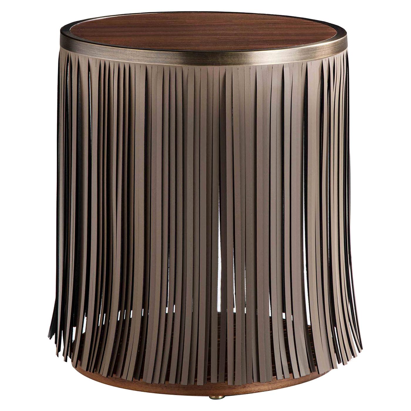 Indian Walnut Side Table with Gray Leather Fringe