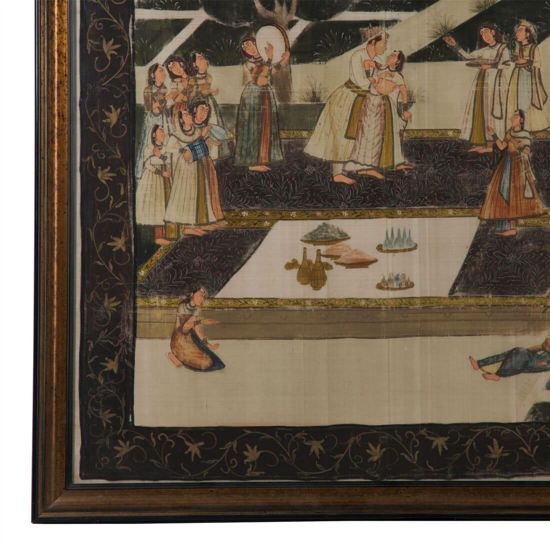 A late 19th century framed painting on silk of an Indian wedding scene.