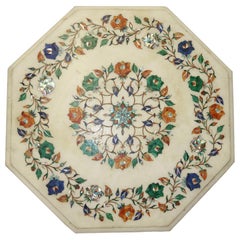 Indian White Marble Table Top Inlaid with a Floral Design in Semiprecious Stones