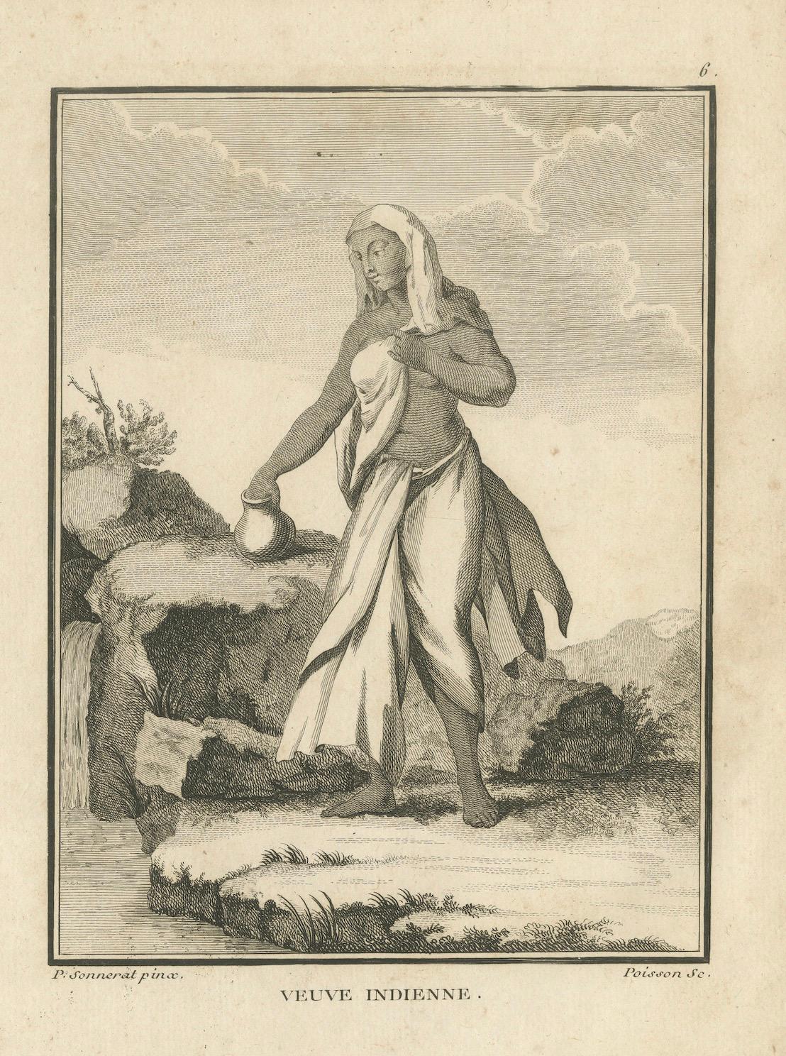 Papier Veuve indienne au bord d'une rivière - Gravure de voyage de Sonnerat, édition de Paris de 1806 en vente