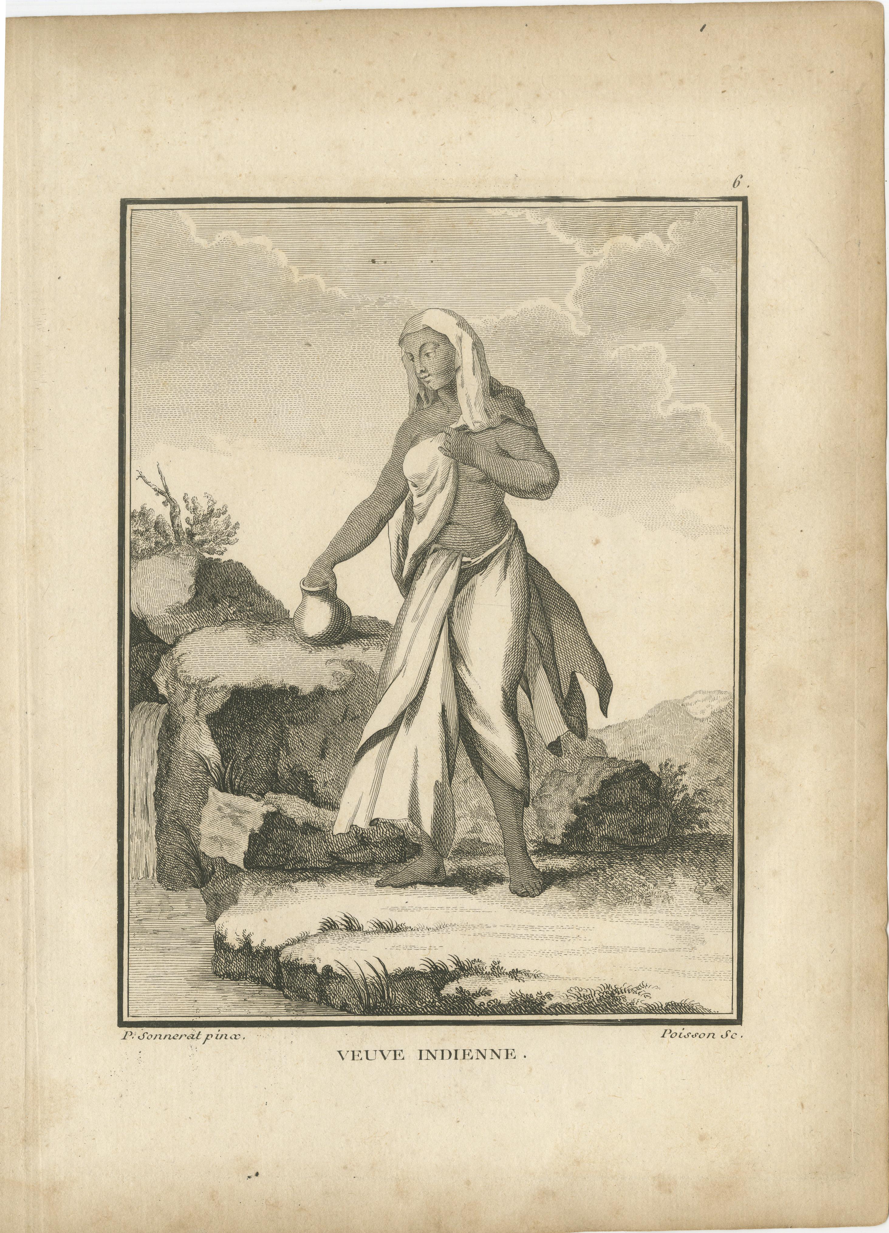 Veuve indienne au bord d'une rivière - Gravure de voyage de Sonnerat, édition de Paris de 1806 en vente 1