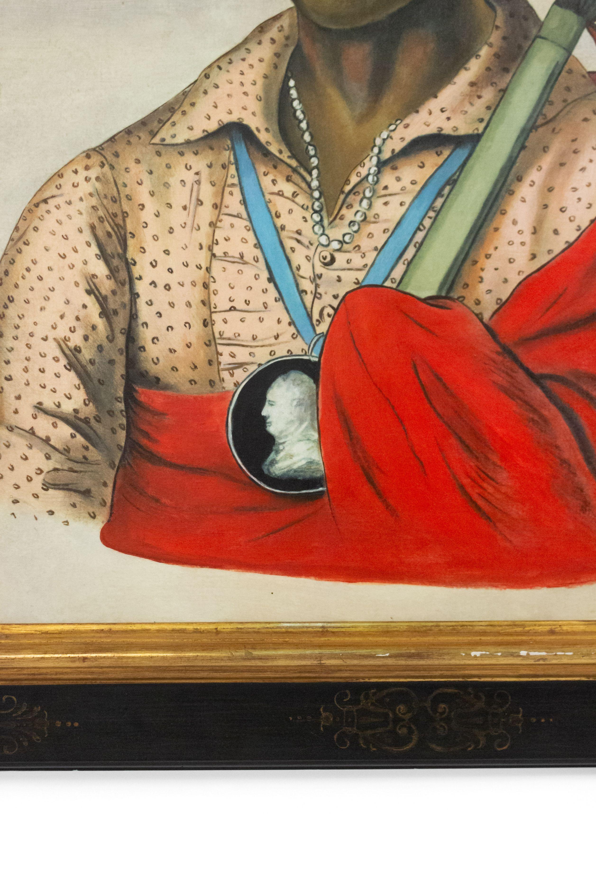 American Indian with a Red & White Stick Portrait For Sale