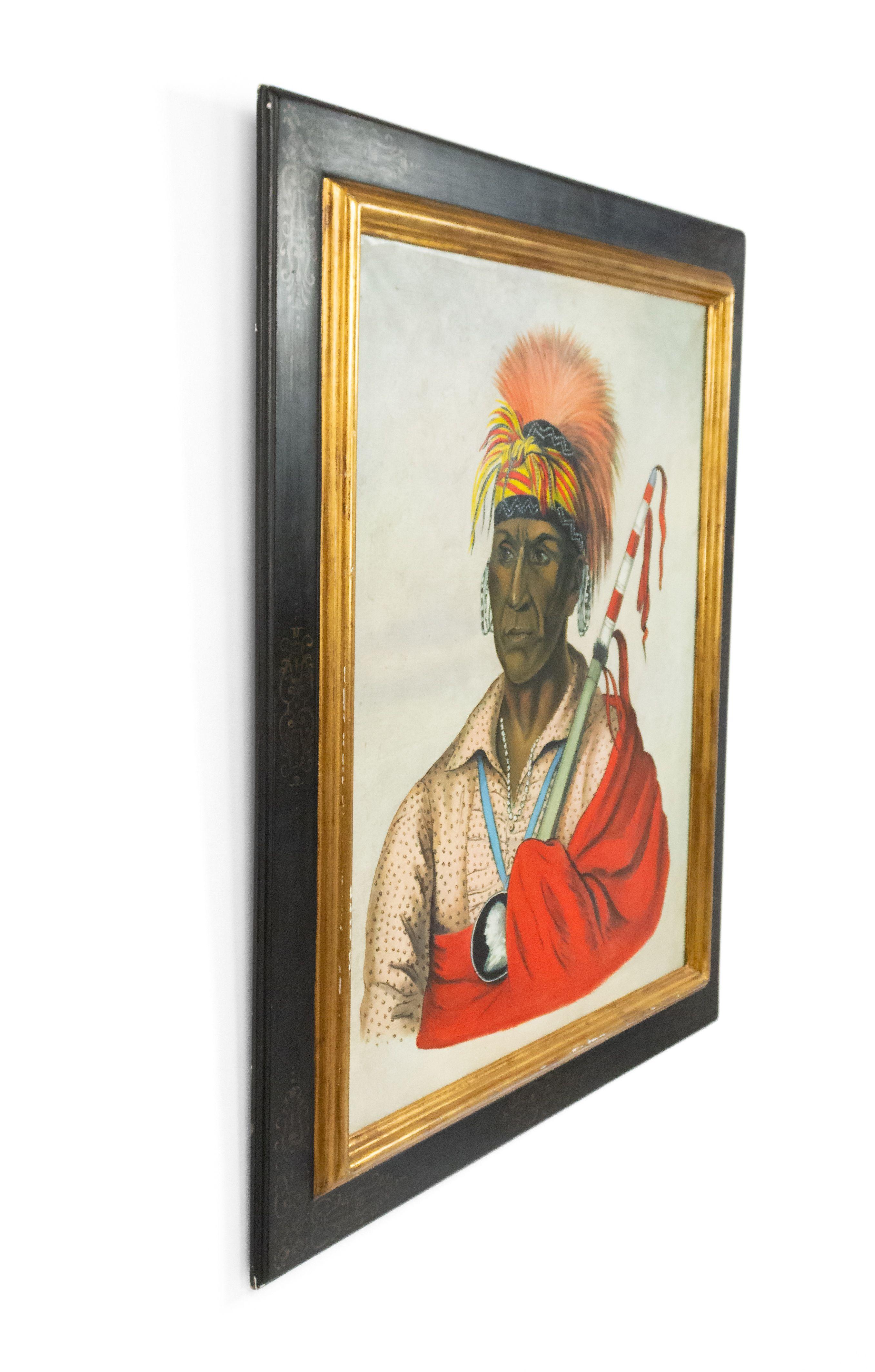 Hand-Painted Indian with a Red & White Stick Portrait For Sale