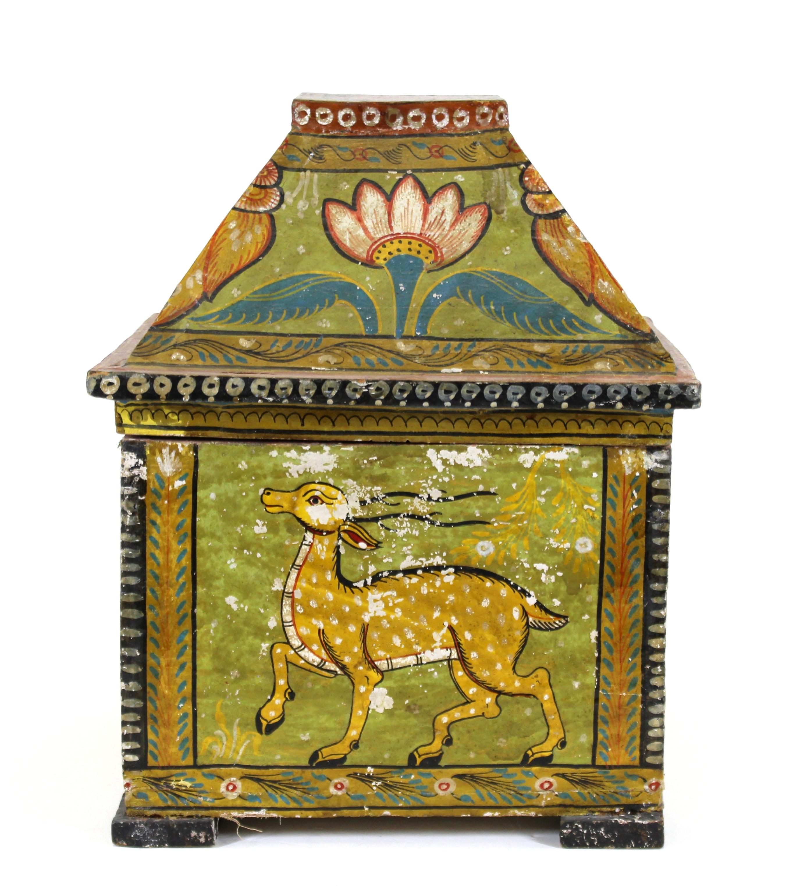 Indian square lidded wood box, painted with colorful animal scenes on each side. 'Made in India' label on the inside of the lid. In great vintage condition with age-appropriate wear.