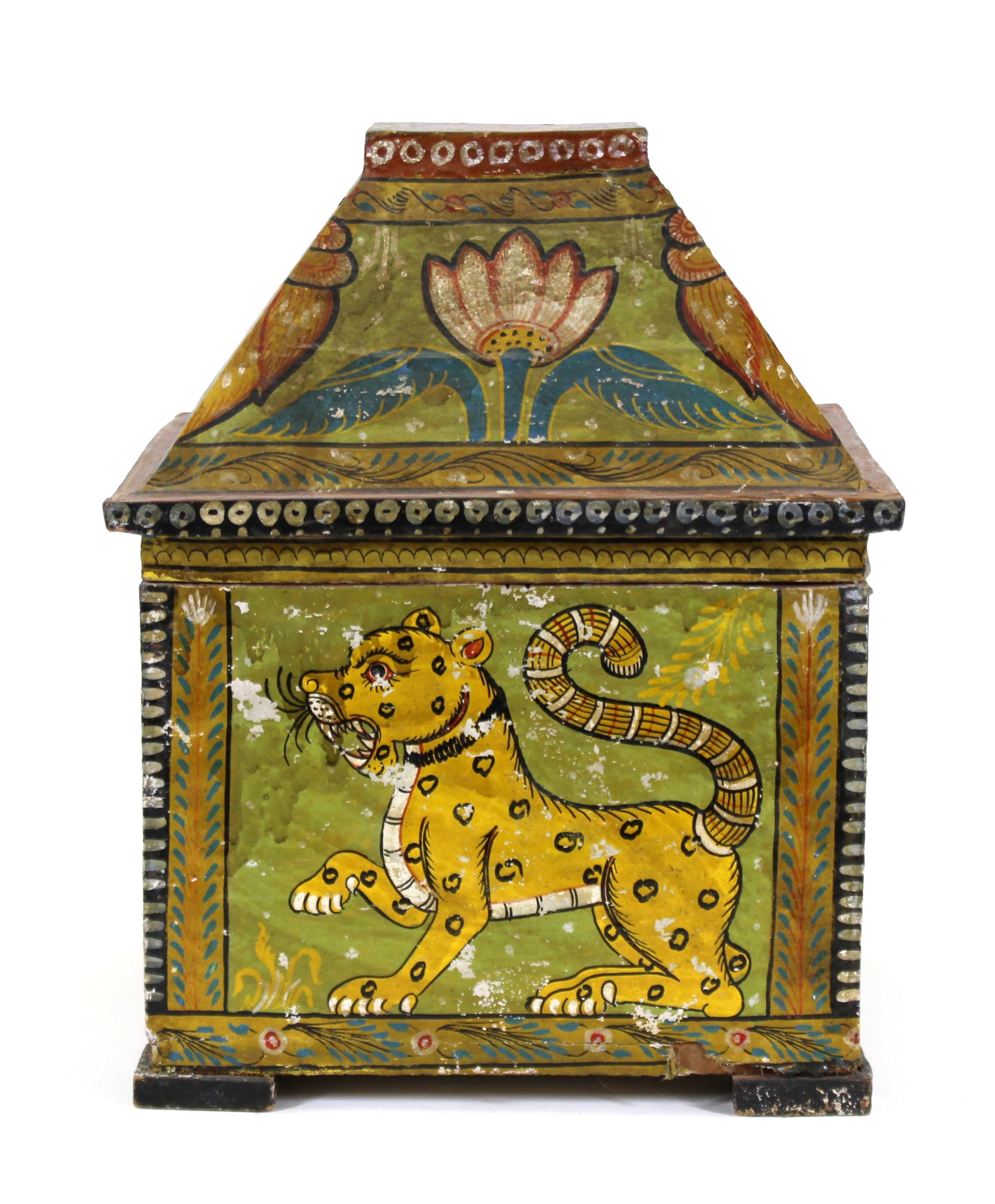 Hand-Painted Indian Wood Box with Painted Animal Scenes