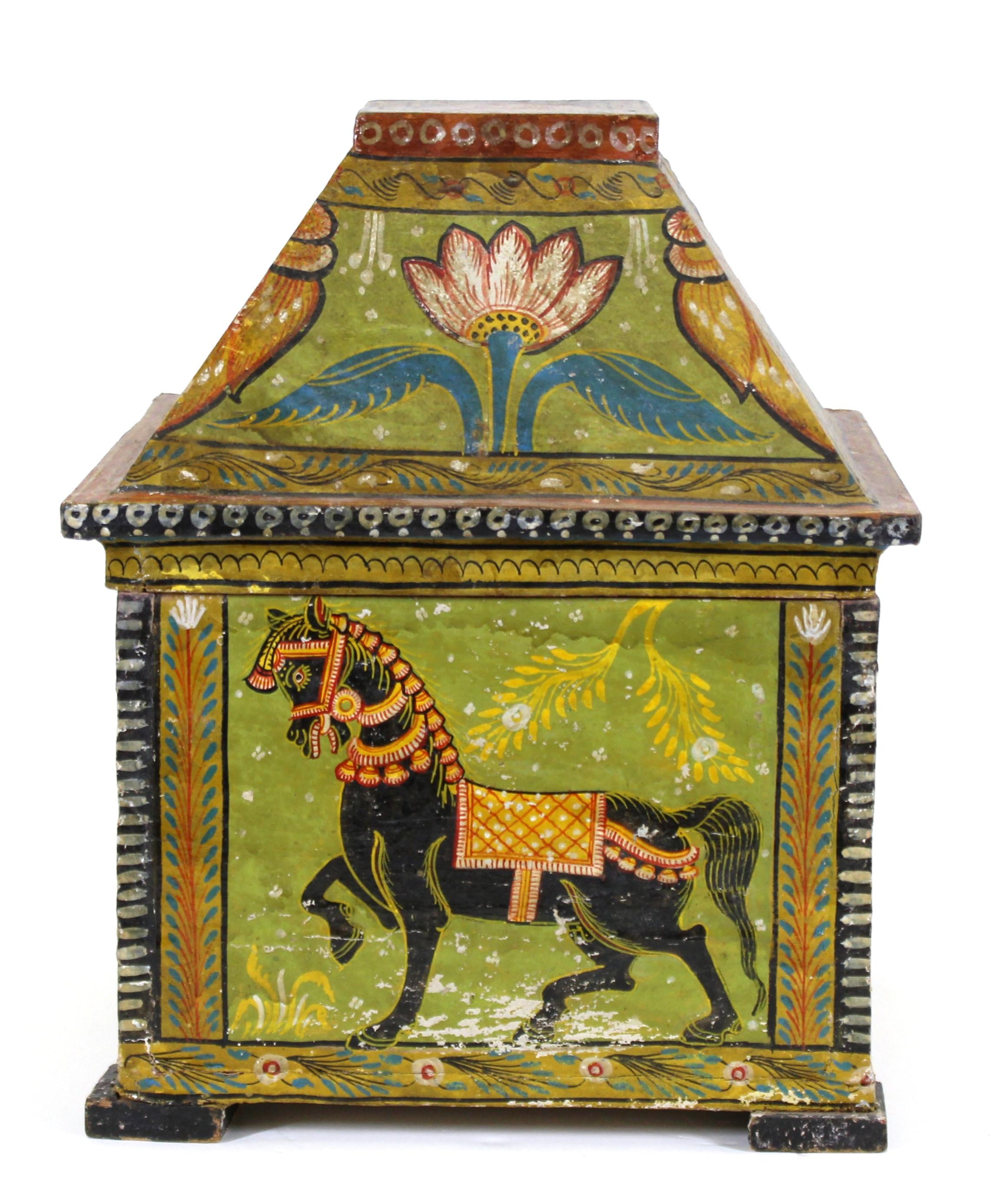 Indian Wood Box with Painted Animal Scenes In Good Condition In New York, NY