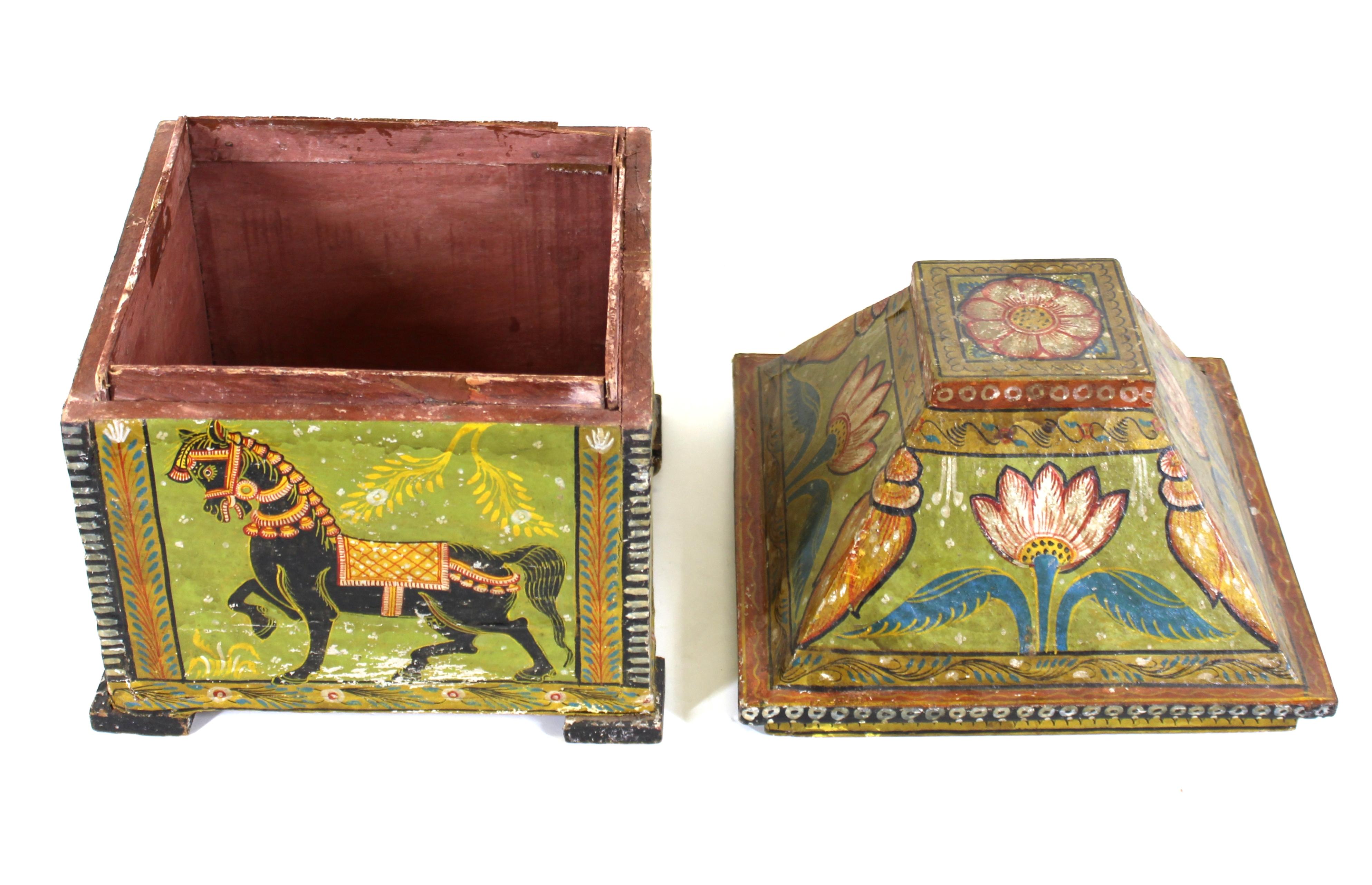 20th Century Indian Wood Box with Painted Animal Scenes