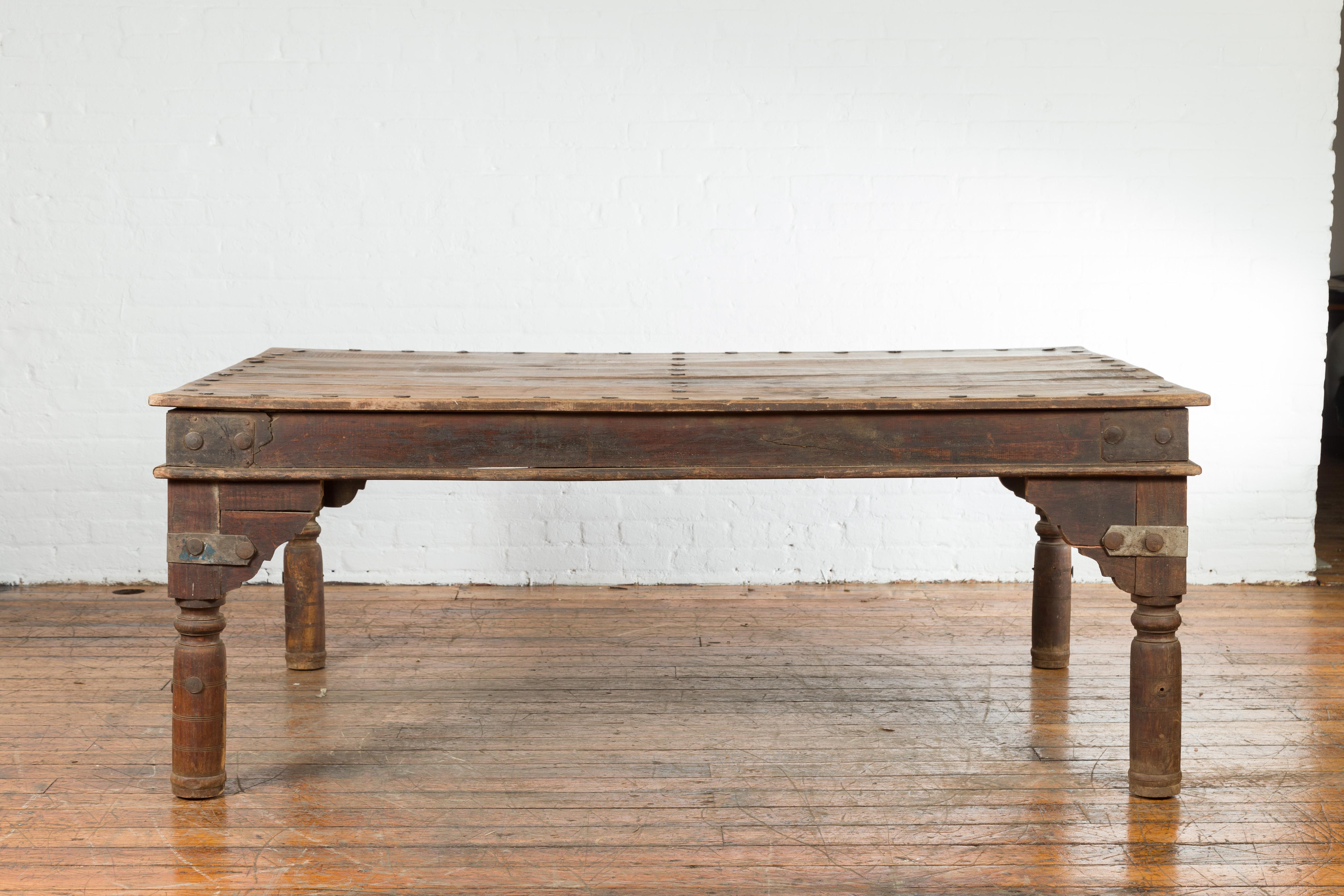 Indian Wood Dining Table with Distressed Patina, Iron Details and Baluster Legs For Sale 2
