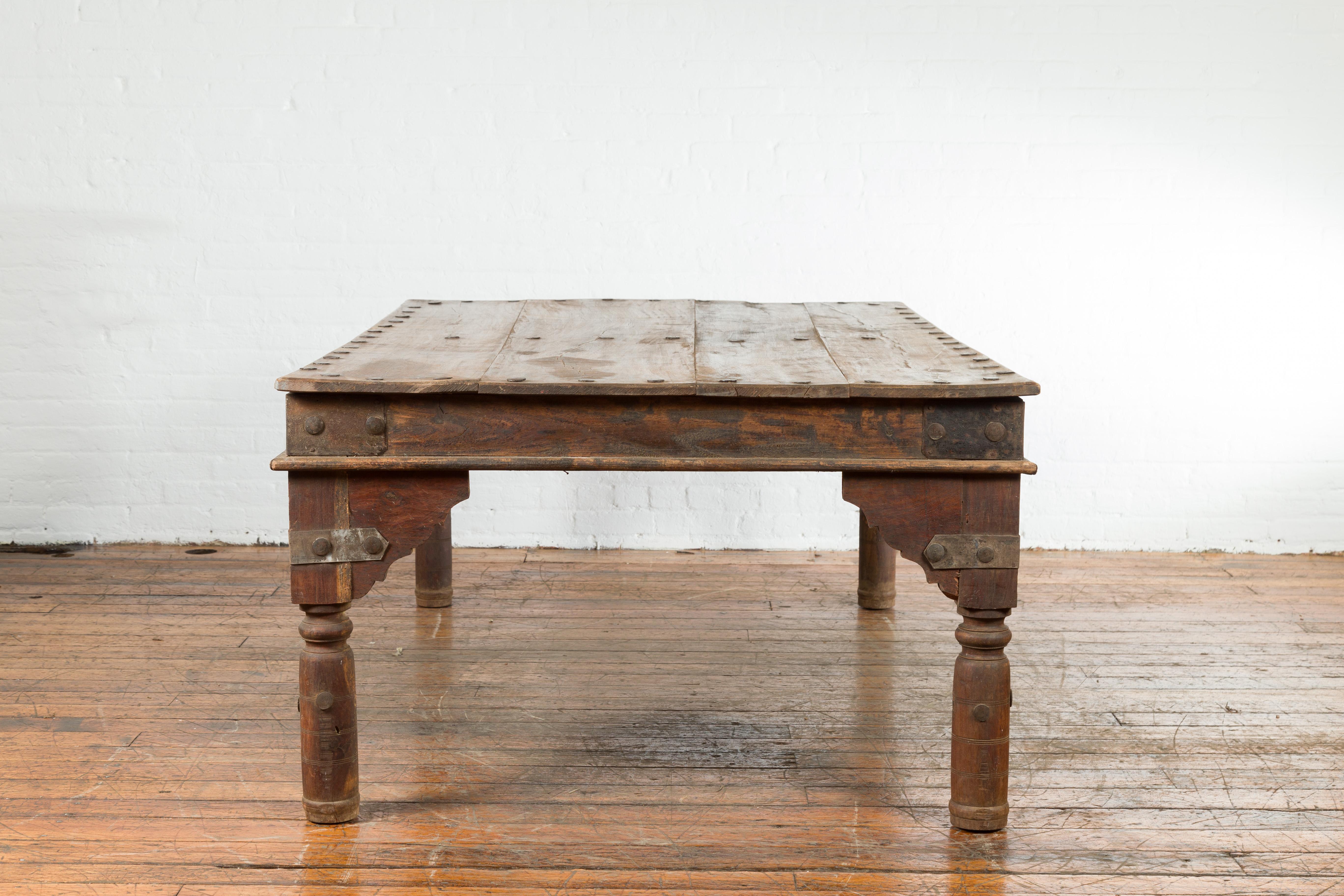 Indian Wood Dining Table with Distressed Patina, Iron Details and Baluster Legs For Sale 3