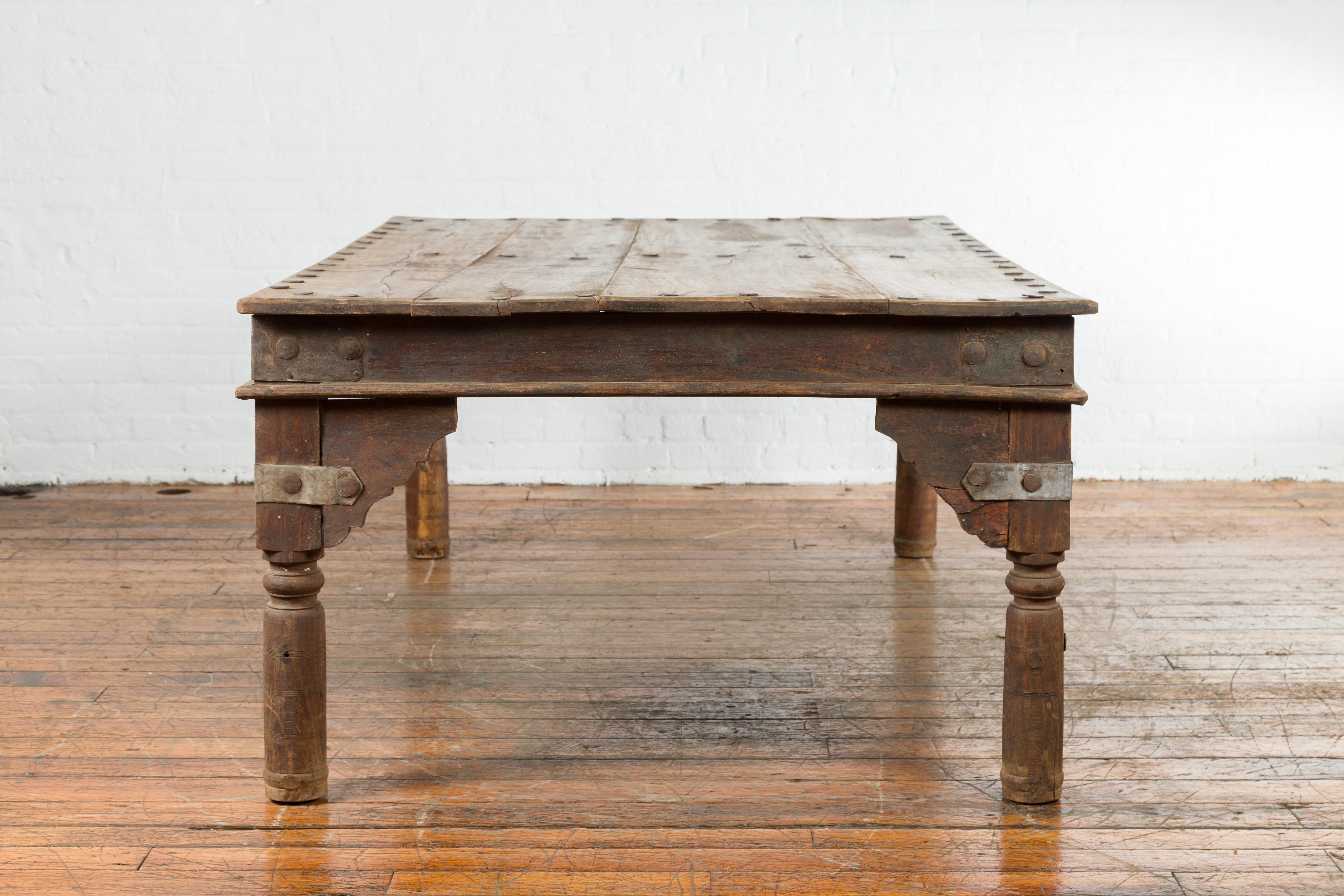 Metal Indian Wood Dining Table with Distressed Patina, Iron Details and Baluster Legs For Sale