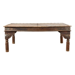 Used Indian Wood Dining Table with Distressed Patina, Iron Details and Baluster Legs