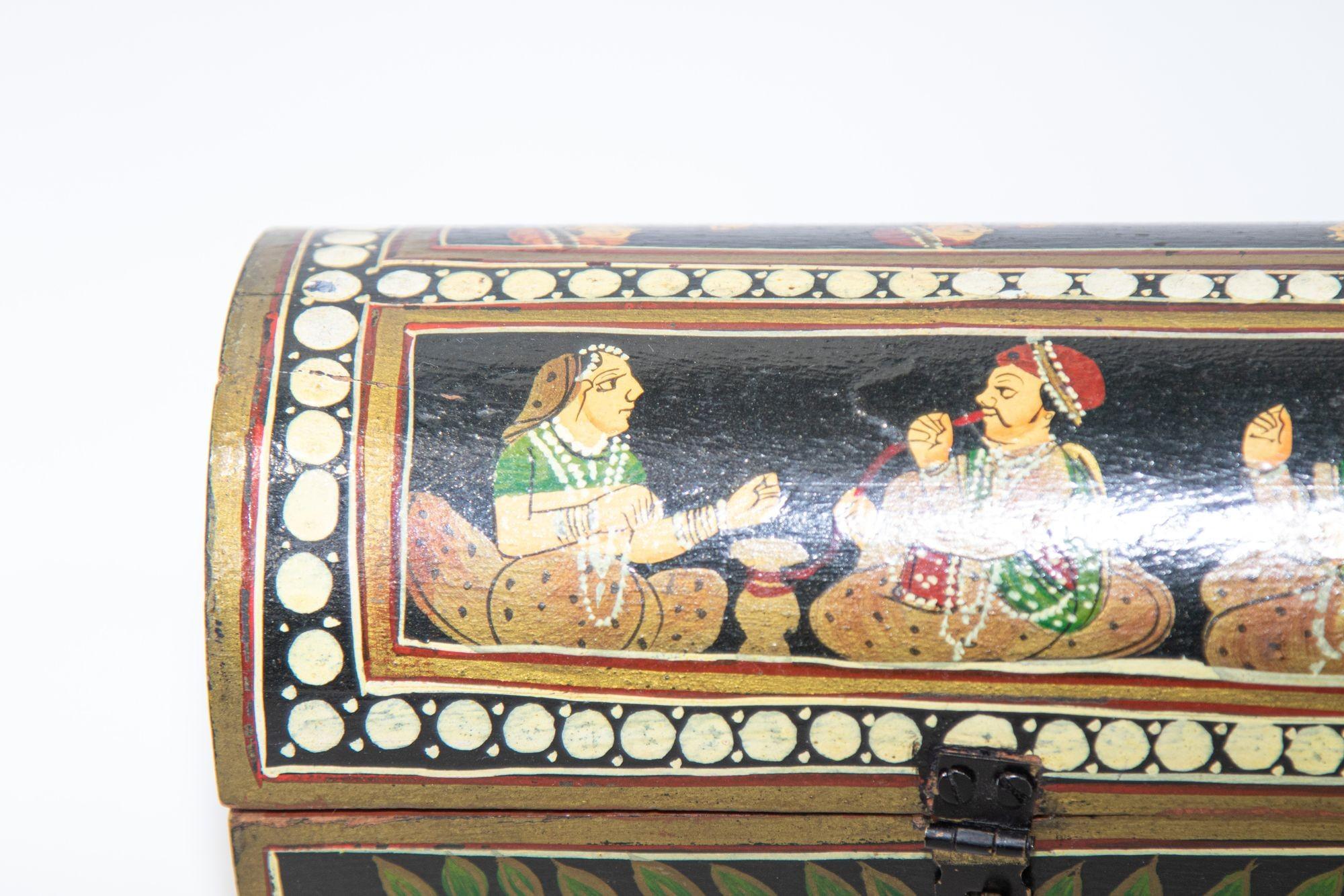 Hand-Crafted Indian Wood Pen Box with Hand Painted Figural Scenes For Sale