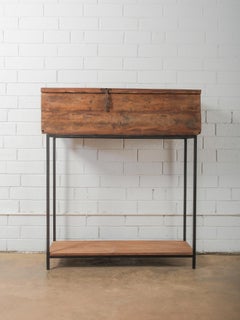 Indian Wooden Storage Box on Iron Stand with Lift-Top Lid and Rustic Patina