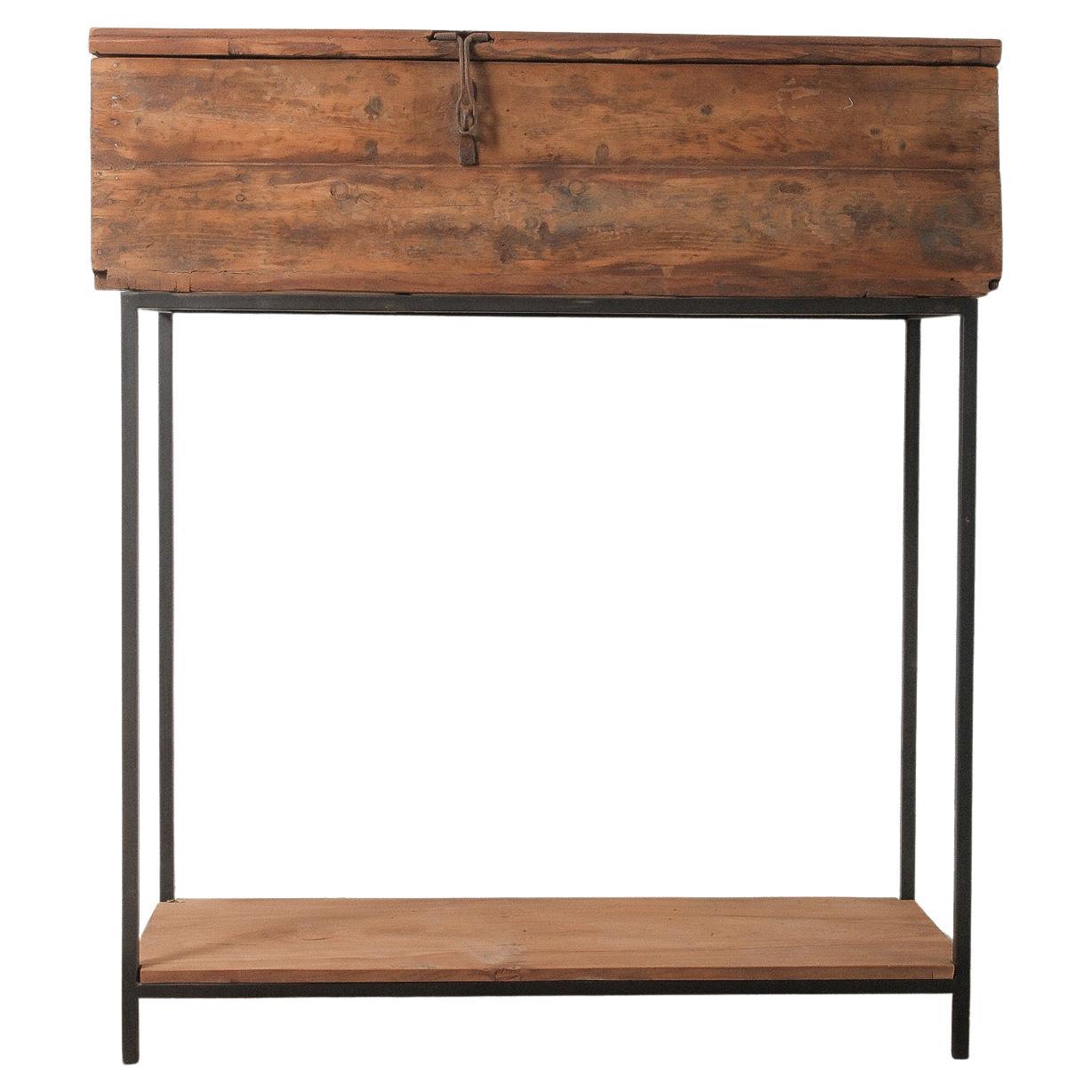 Indian Wooden Storage Box on Iron Stand with Lift-Top Lid and Rustic Patina For Sale