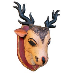 Indian Wooden Wall Sculpture of a Hand-Carved and Hand-Painted Deer