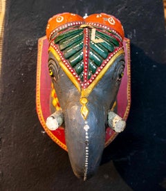 Indian Wooden Wall Sculpture of a Hand-Carved and Hand-Painted Elephant