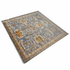 Indian Sultanabad Silk 6x6 Blue, Orange & Ivory Handmade Square Area Rug
