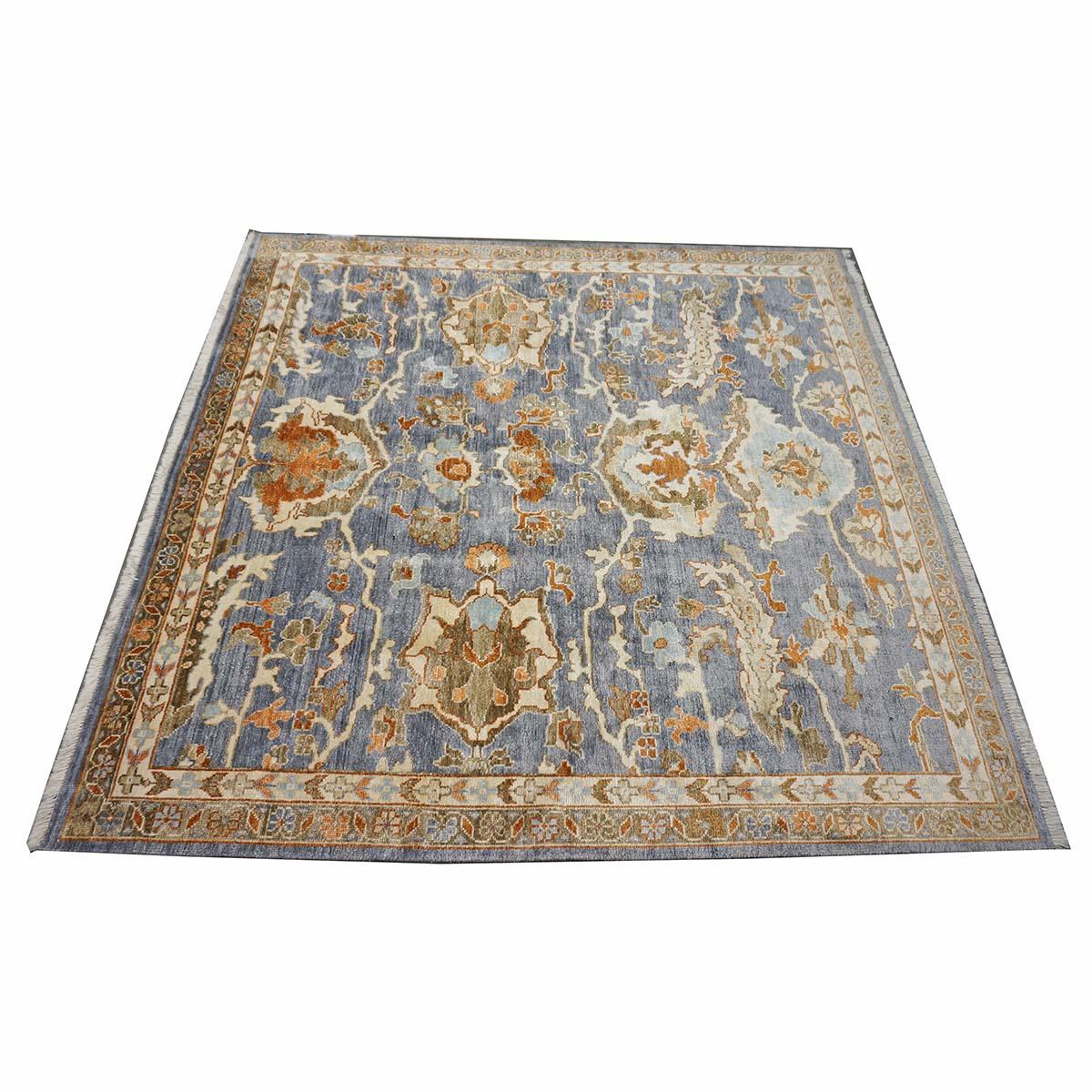 Hand-Knotted Indian Wool Sultanabad Masters Square 6 x 6 Blue & Ivory Handmade Area Rug For Sale