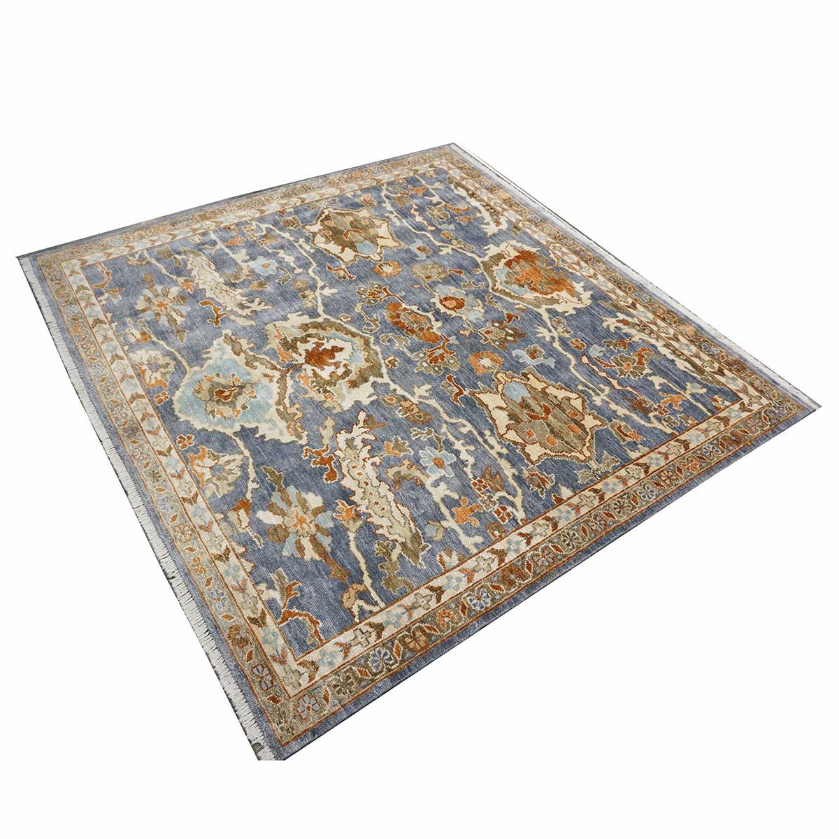 Contemporary Indian Wool Sultanabad Masters Square 6 x 6 Blue & Ivory Handmade Area Rug For Sale