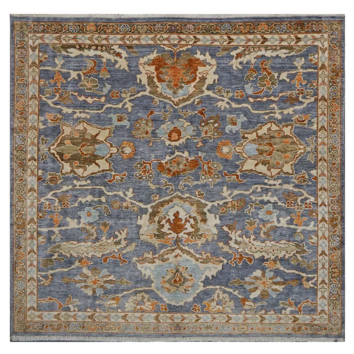 Alfombra de lana india Sultanabad Rugs cuadrada 6 x 6 azul y marfil hecha a mano