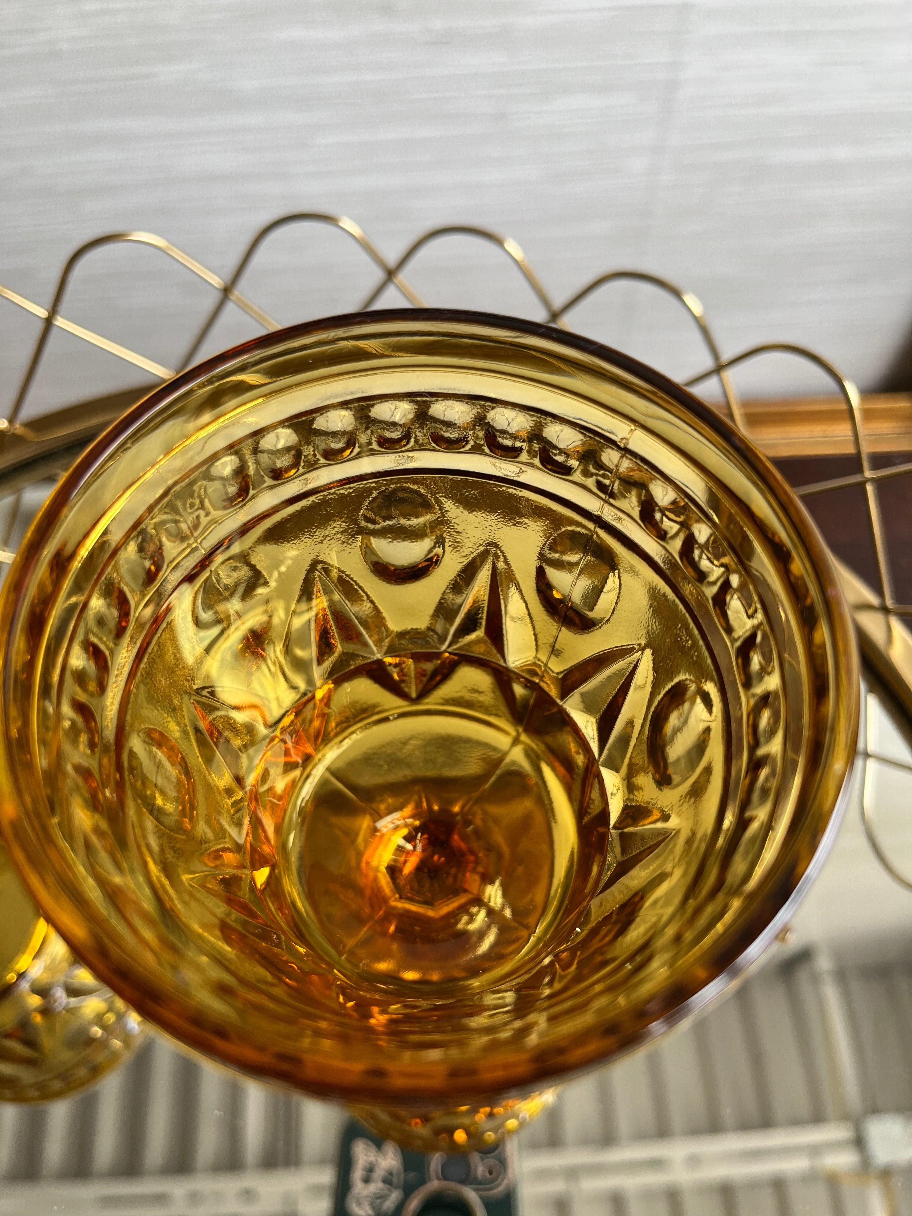 Dimensions: 5.5” tall  Holds 4oz

Add a touch of timeless elegance to your table with this stunning set of Indiana Glass Colony Park Lane Amber Water Goblets. These vintage treasures bring a colonial style that is both sophisticated and charming,