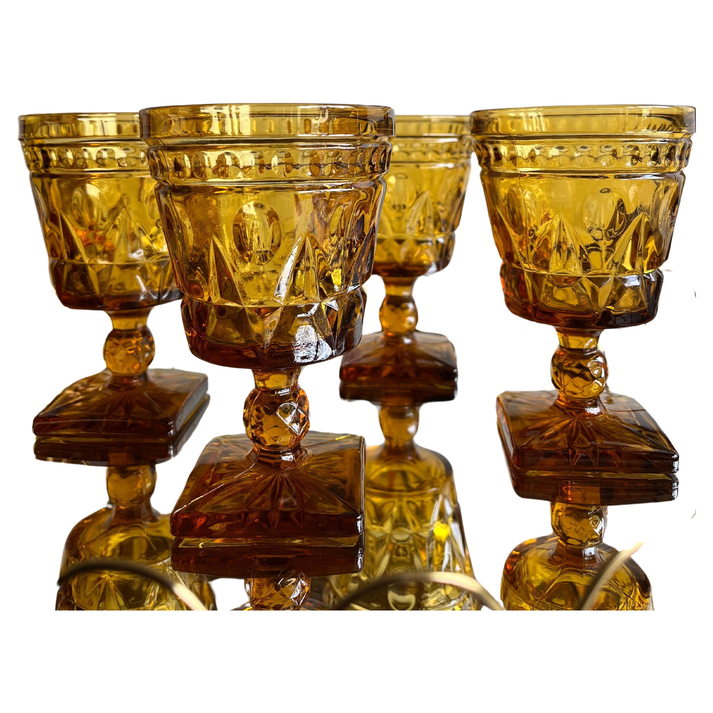 Indiana Glass Colony Park Lane Amber Water Goblet Glasses Set of 4  Vintage Bar For Sale