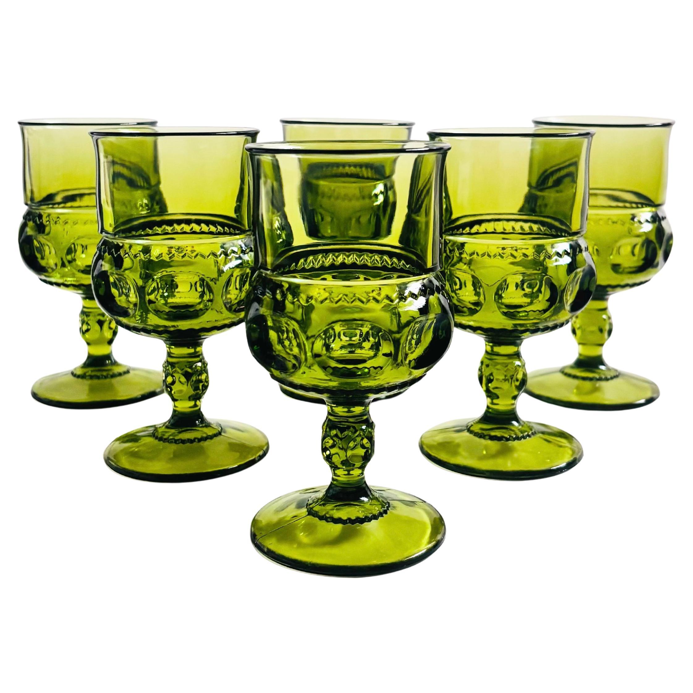 Indiana Glass Green Kings Crown Wine Goblets - Set of 6 For Sale
