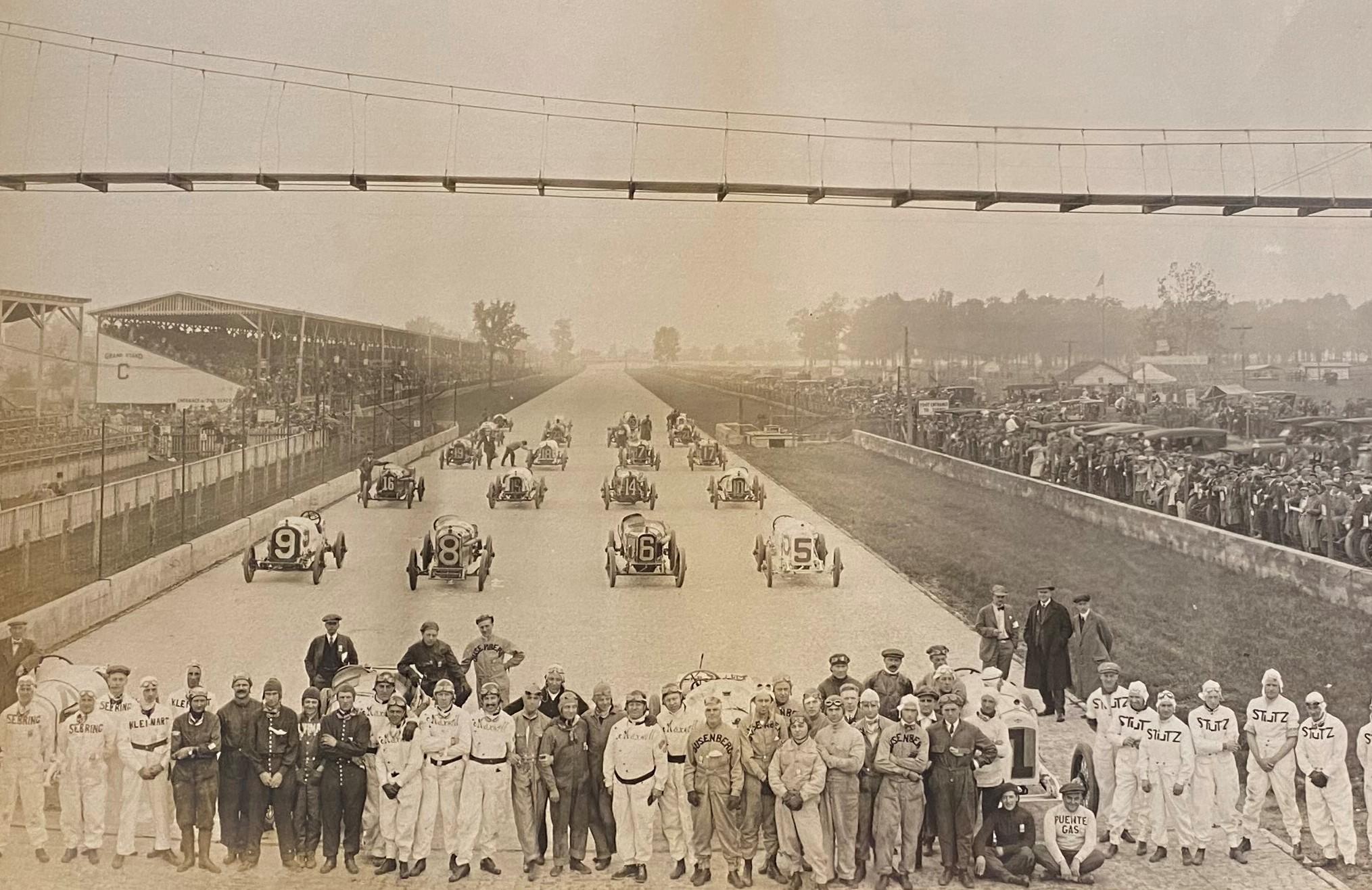 Other Indianapolis 500 Panoramic Sepia Photograph of Drivers, Cars, & Mechanics, 1915