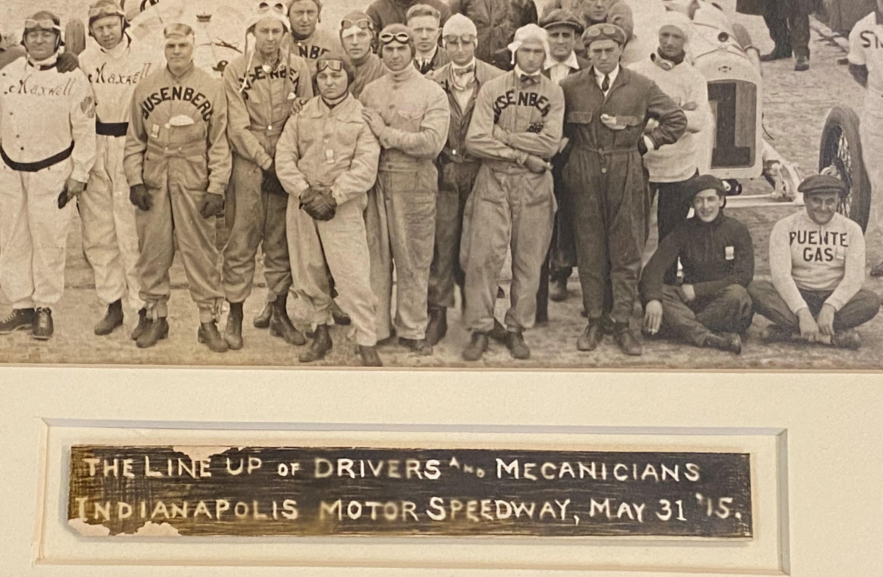Early 20th Century Indianapolis 500 Panoramic Sepia Photograph of Drivers, Cars, & Mechanics, 1915