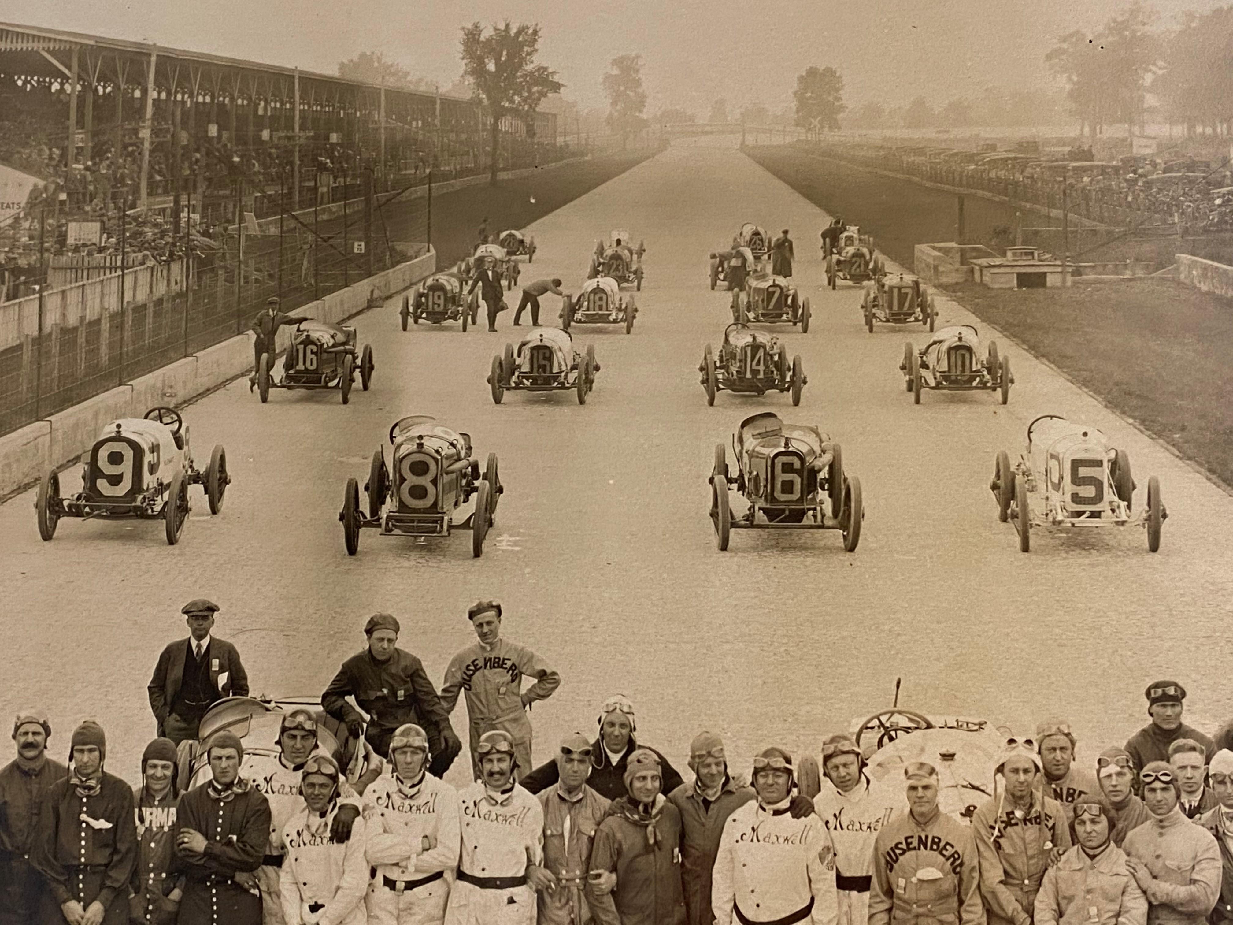 Paper Indianapolis 500 Panoramic Sepia Photograph of Drivers, Cars, & Mechanics, 1915