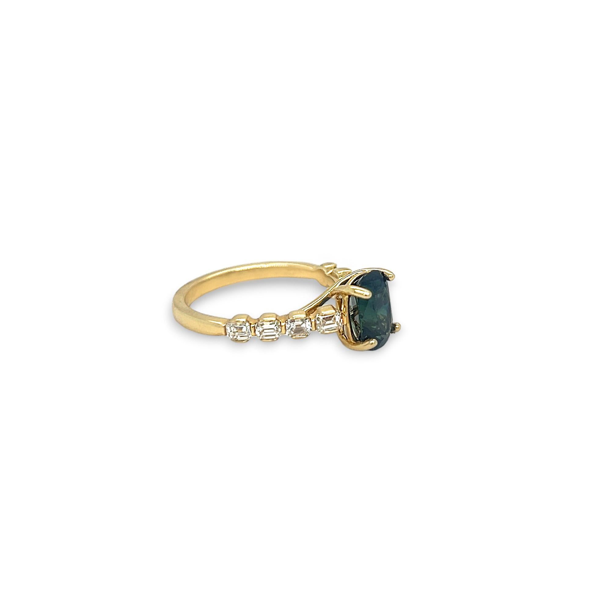 Indicolite and Emerald Cut Diamond Ring In New Condition For Sale In Lewisville, TX