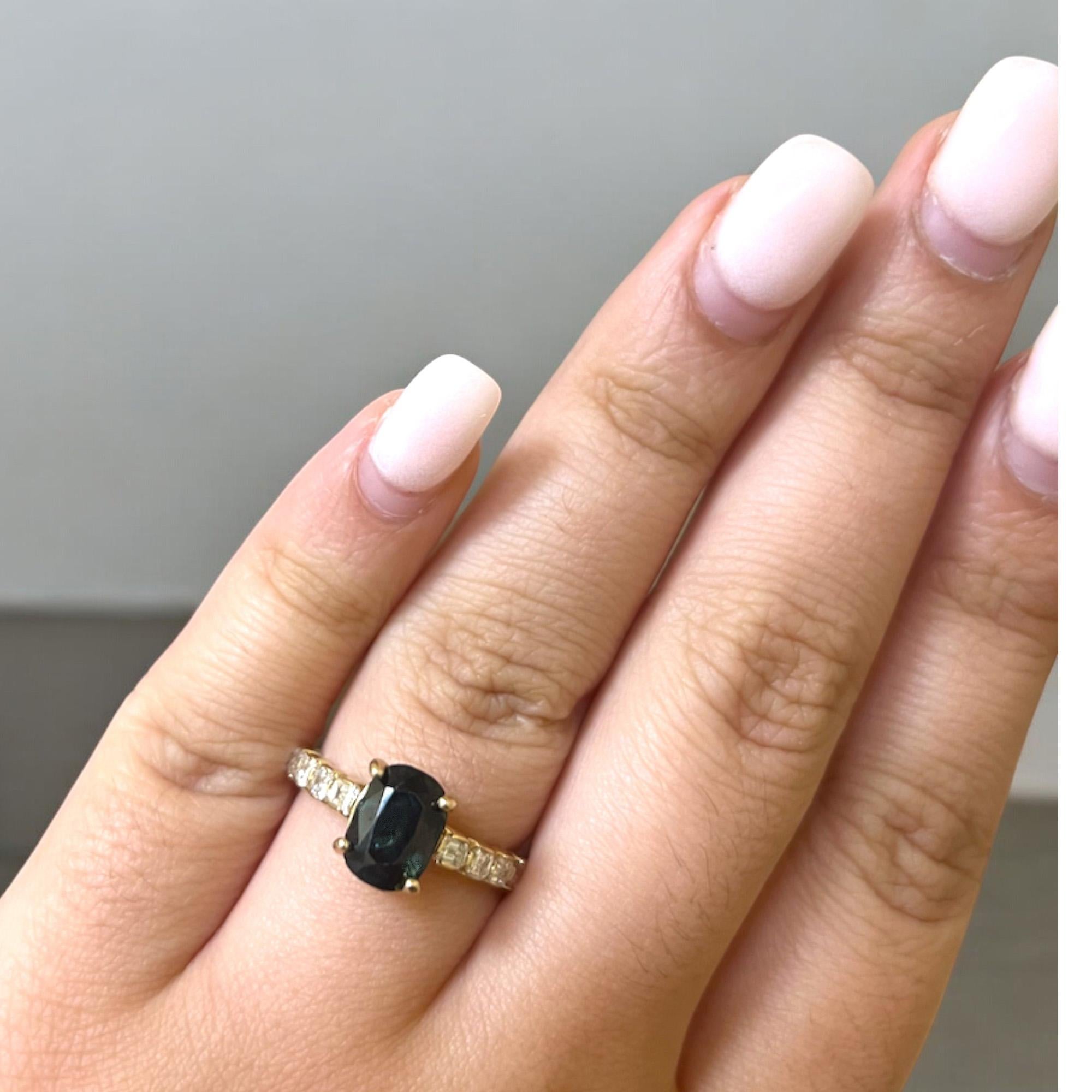 Indicolite and Emerald Cut Diamond Ring For Sale 1