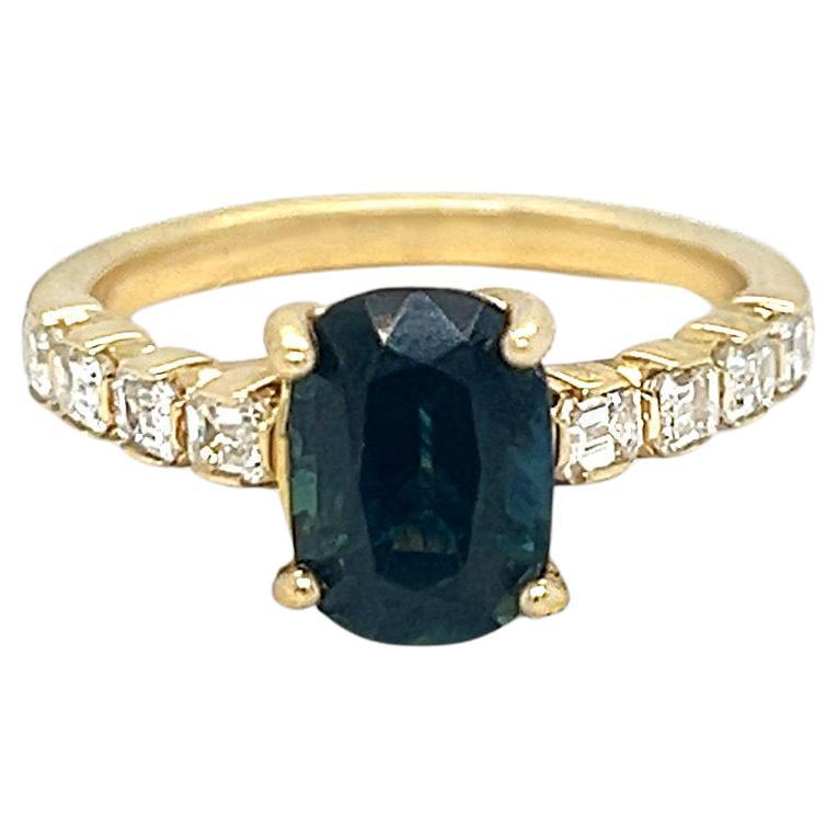Indicolite and Emerald Cut Diamond Ring For Sale