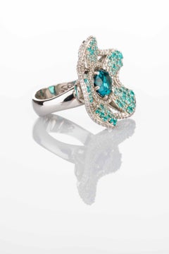 Indicolite and Paraiba Tourmaline Platinum Flower Ring with Diamonds