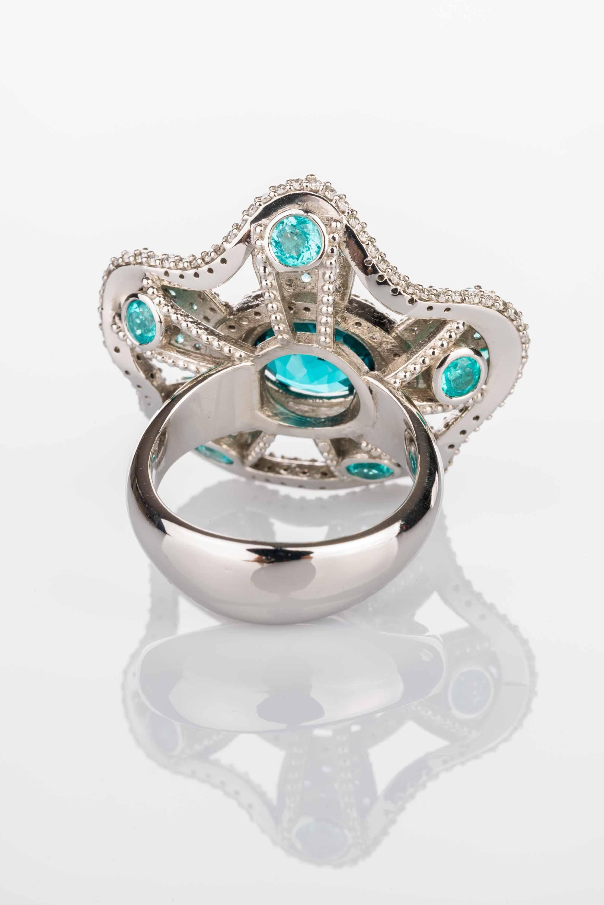 Contemporary Indicolite and Paraiba Tourmaline Platinum Flower Ring with Diamonds For Sale