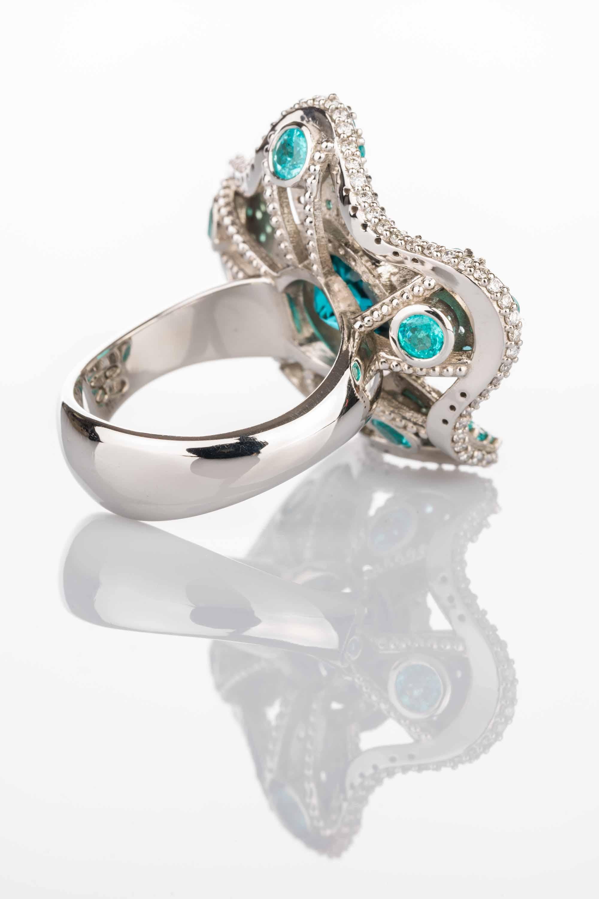 Oval Cut Indicolite and Paraiba Tourmaline Platinum Flower Ring with Diamonds For Sale