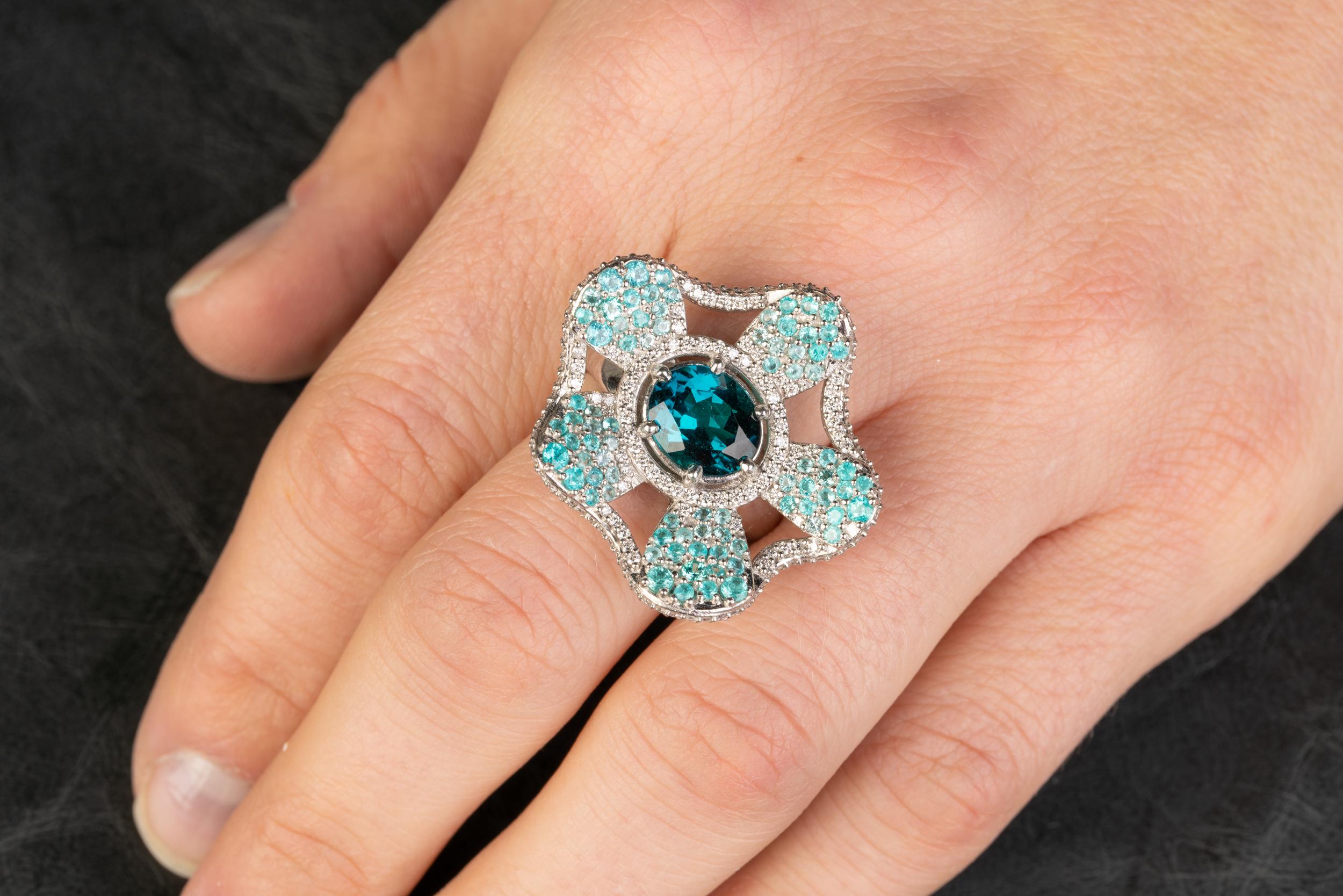 Indicolite and Paraiba Tourmaline Platinum Flower Ring with Diamonds In New Condition For Sale In Greenville, SC